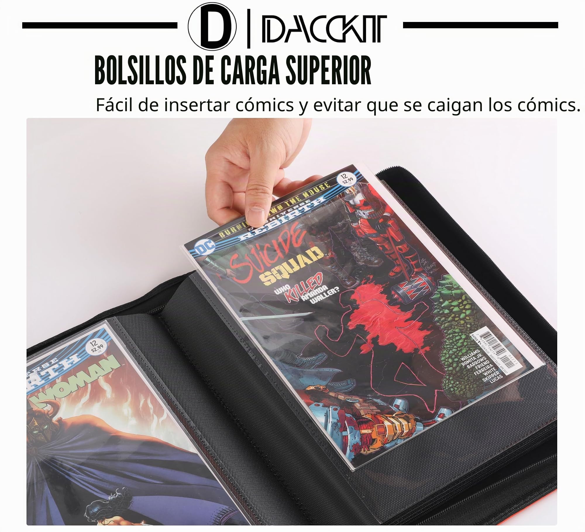 D DACCKIT Carpeta de cómics, álbum de cómics con fundas para cómics regulares y cómics en bolsa y abordado, carpeta de almacenamiento de cómics con capacidad para 24 cómics (modelo A, negro clásico)