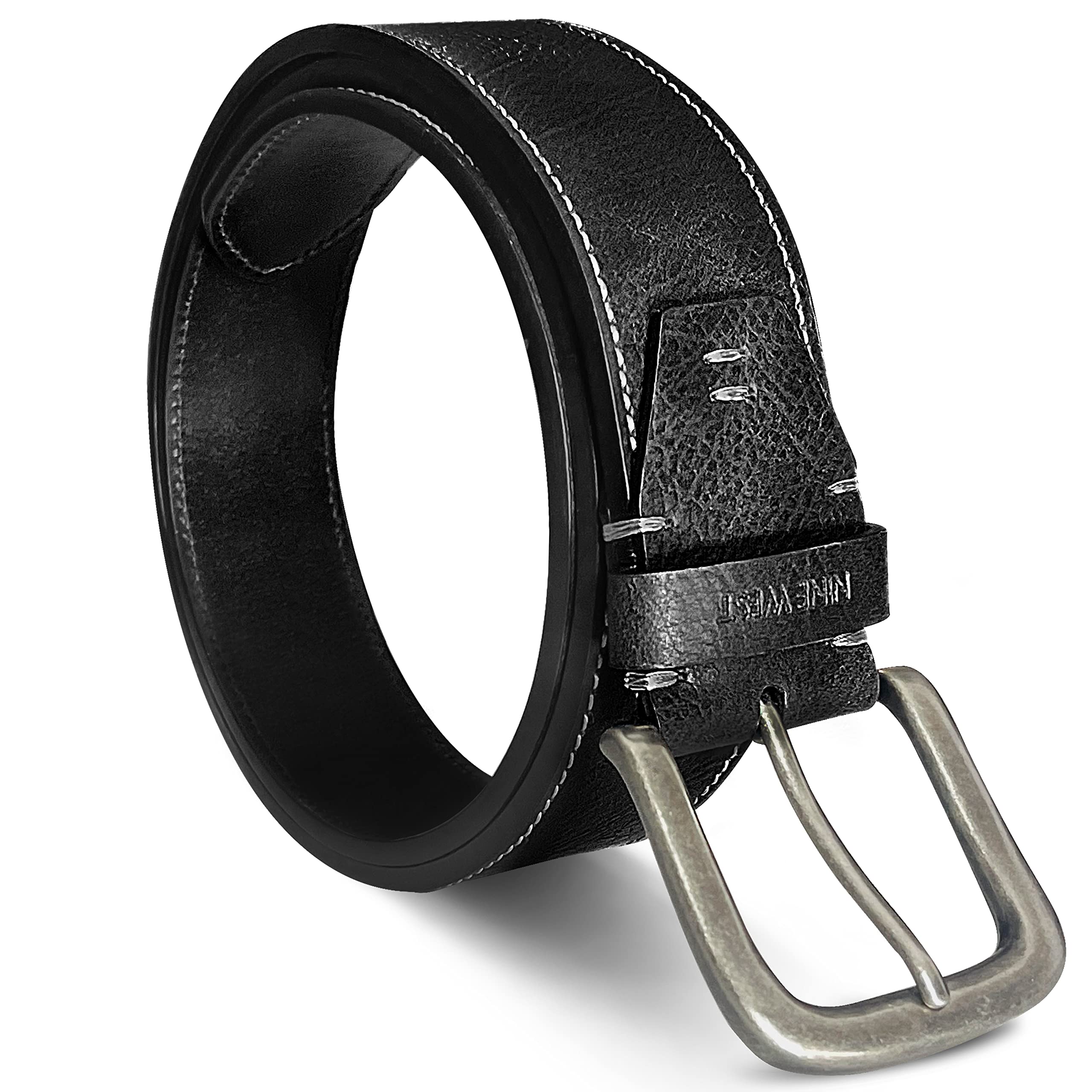 Nine West Herren-Gürtel, veganes Leder, reguläres Kleid, lässiger Alltagsgürtel, 38 mm breit, Hamburger schwarzer Gürtel, entworfen in den USA, Größe S, Schwarz