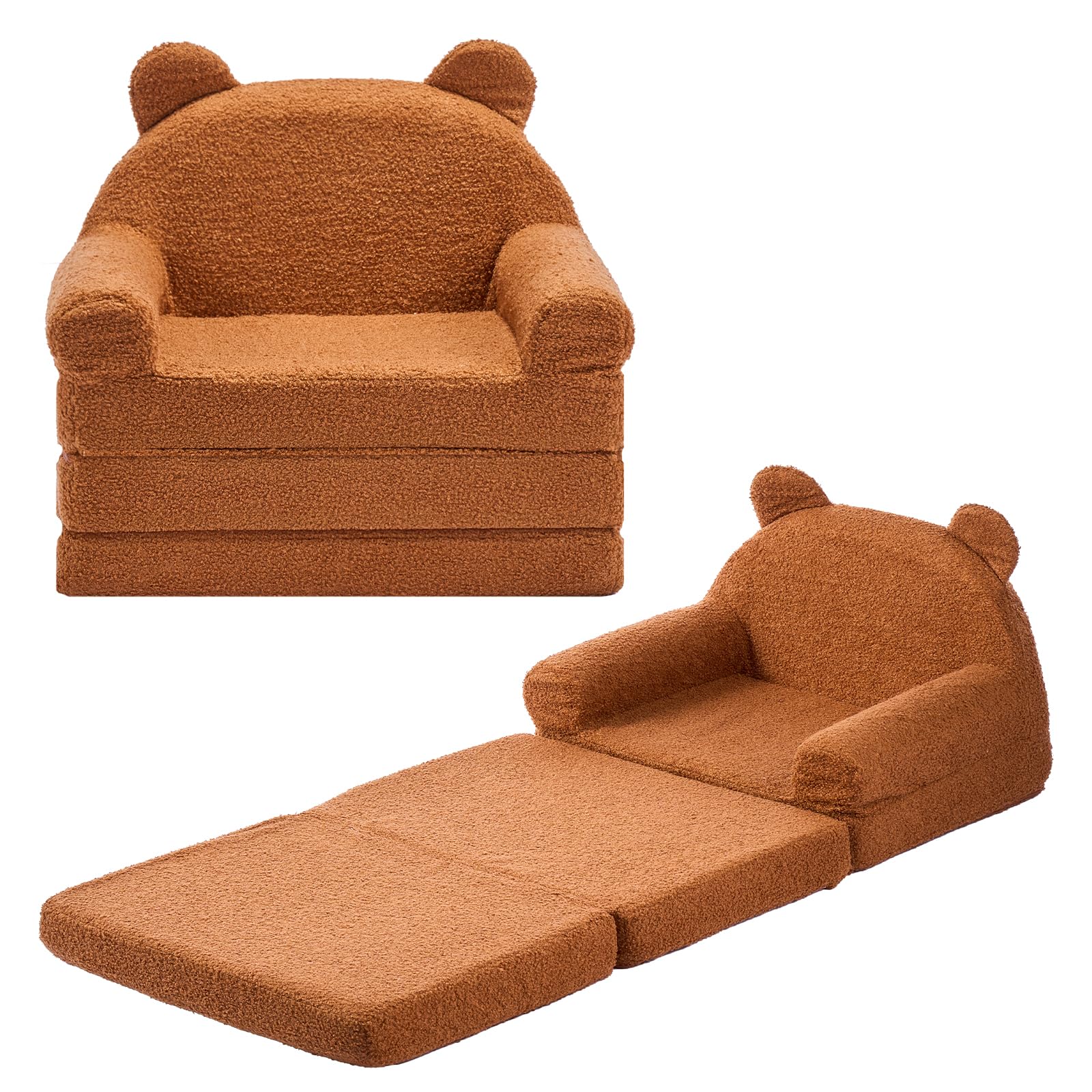 VEVOR Fauteuil pour Enfants Convertible 2-en-1, Canapé-lit Pliable et Moelleux, avec Accoudoirs, en Éponge 28D et Polaire Bouclette, Sofa Tout-Petits pour Chambre d’Enfants Salle de Jeux, Marron, M