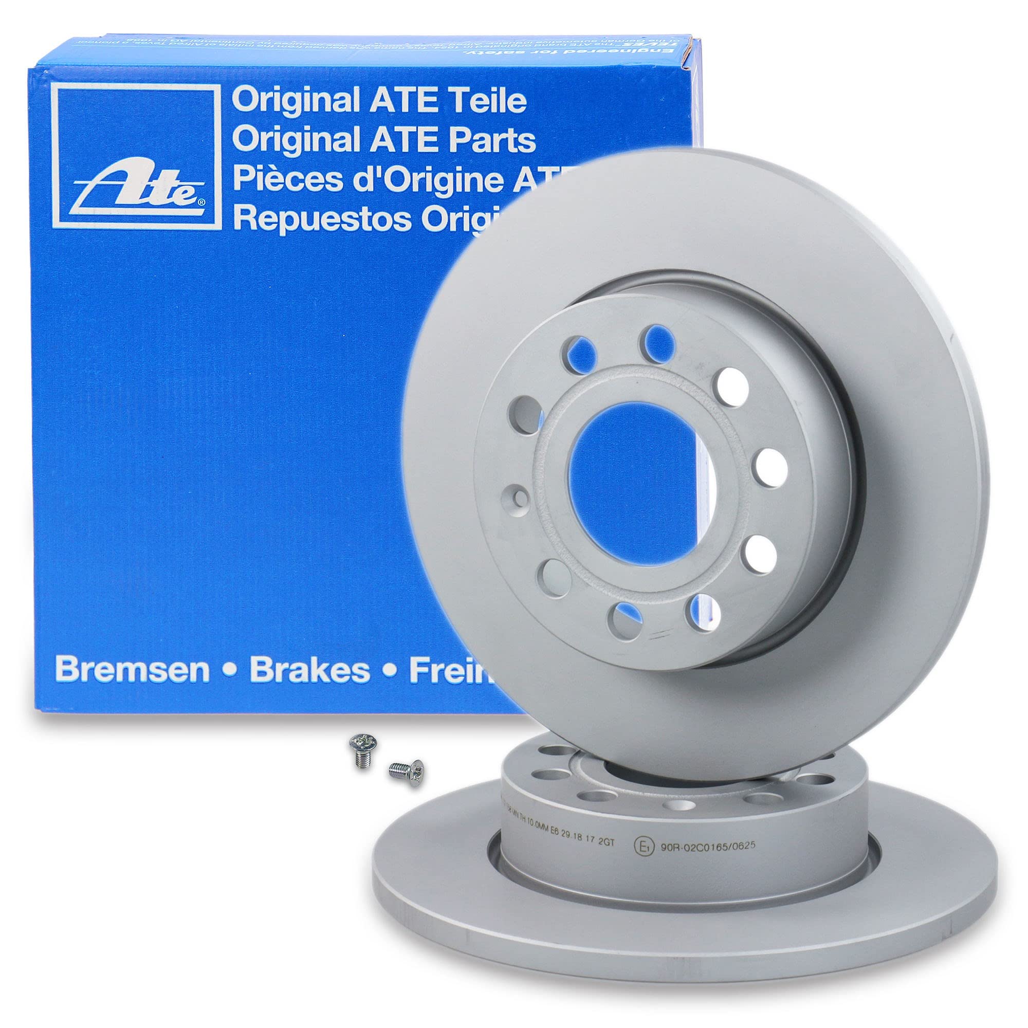 ATE Bremsenset inkl. Bremsscheiben vorne Ø 288 mm belüftet + hinten Ø 256 mm voll und Bremsbeläge vorne + hinten und Warnkontakt Kompatibel mit AUDI A3, SEAT, SKODA OCTAVIA, VW CADDY, GOLF, SCIROCCO