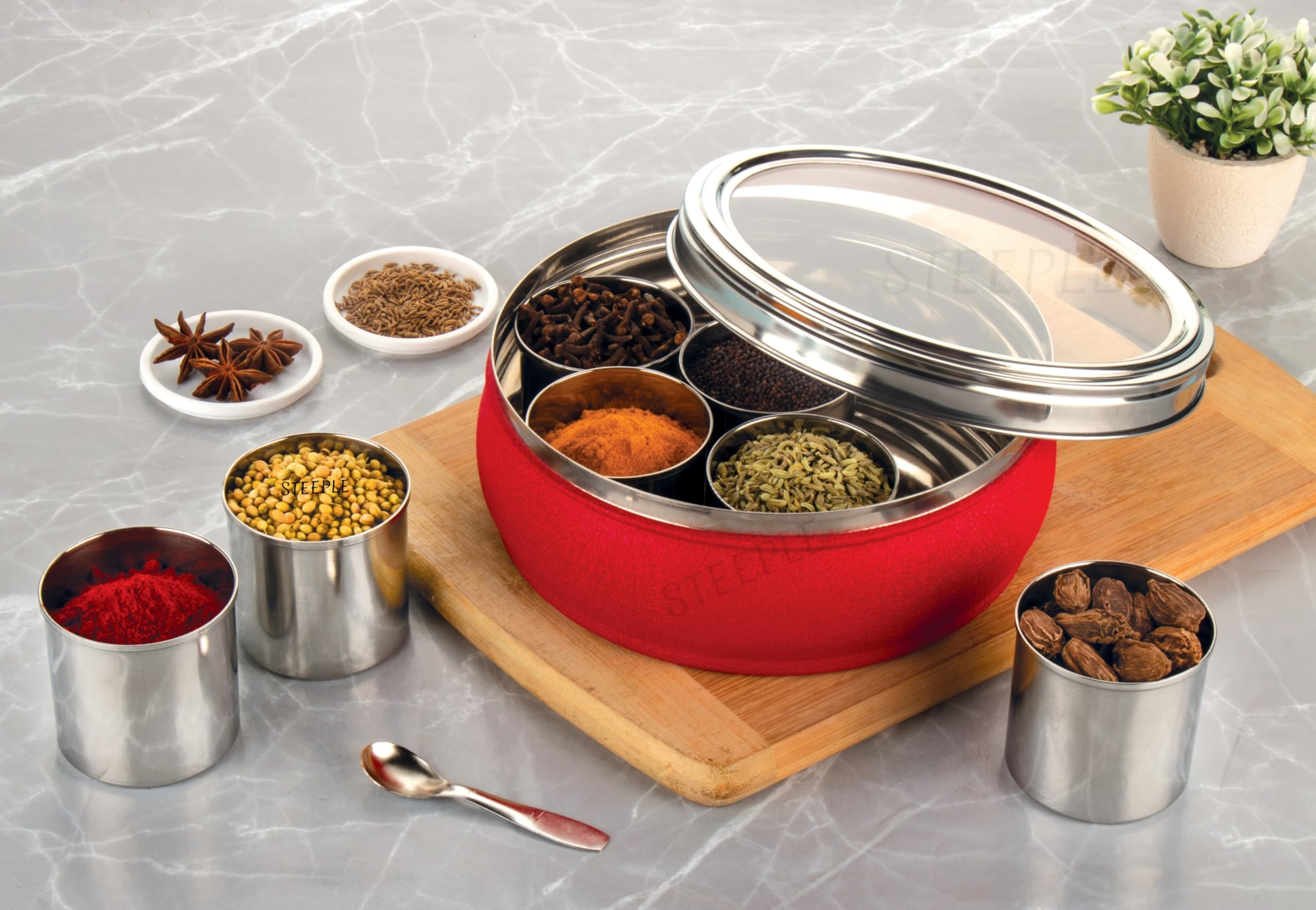 STEEPLE 7 In 1 Spice Box Stainless Steel | Masala Box For Kitchen | Steel Masala Dani For Kitchen | Masala Dabba | See Through Lid 7 Containers With 1 Spoon (1.5 Ltr | Medium | 18.5Cm), Red