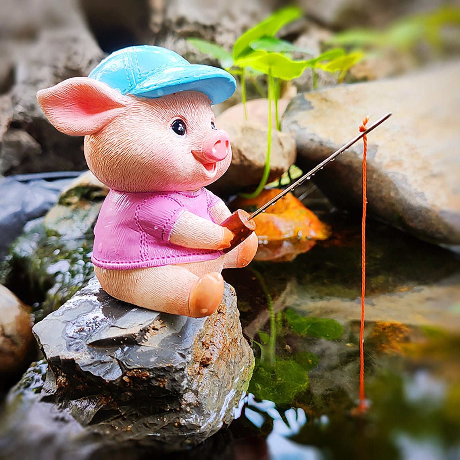 Reheyre Pink Pig Resin Sculpture, Fishing Pig Garden Statues And Figurines, Mini Piglet Decorations, Cartoon Fisherman Pig Sculpture For Water Feature Garden Patio Pond Decor