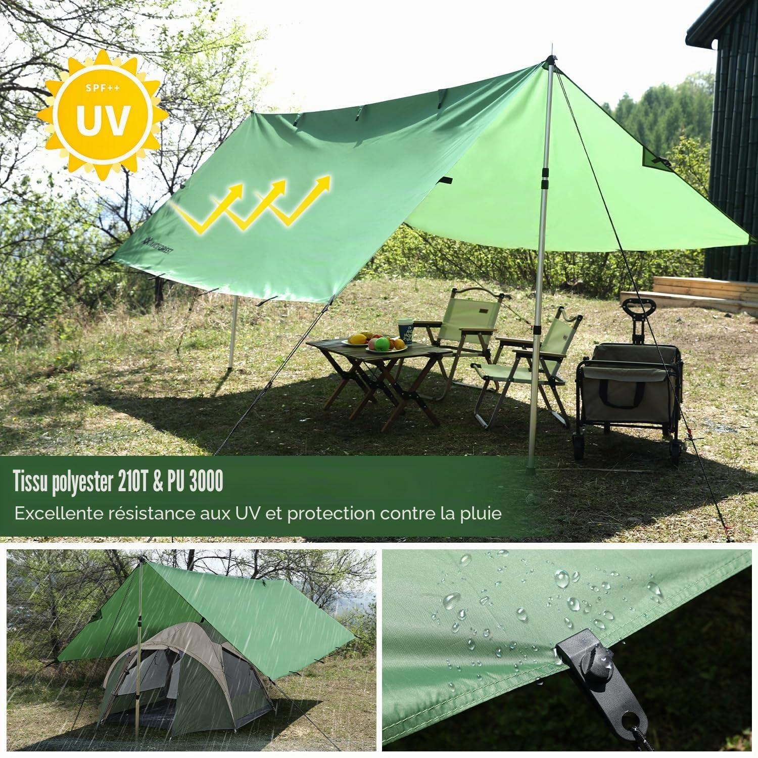 Bâche imperméable 3x3 - Bâche de camping ultra légère avec 19 œillets, goupilles en aluminium, cordes en nylon, clips pour tente, anti UV, neige et pluie pour camping