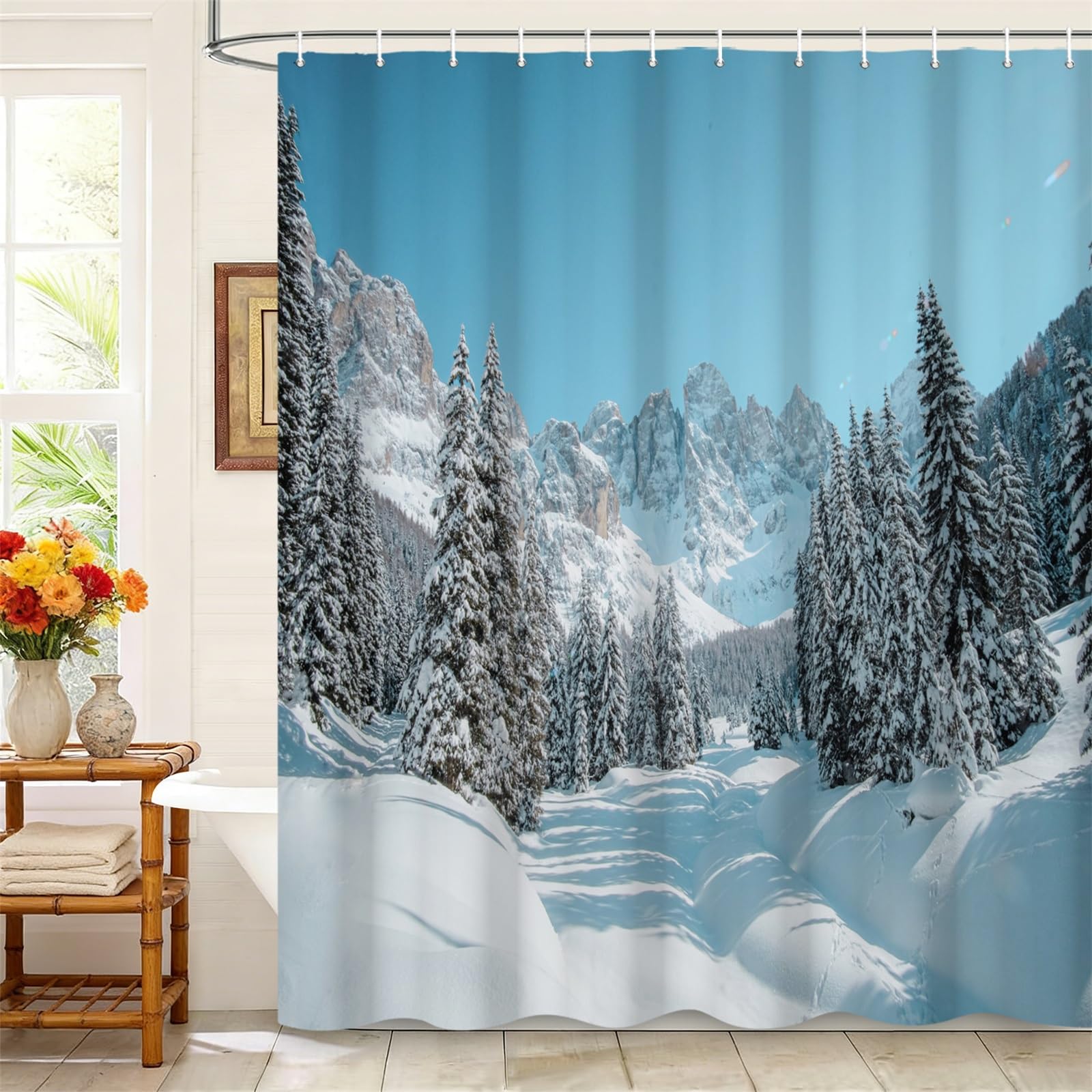 Kzzfqxb 183x183cm Shower Curtains with Plastic Hooks, Christmas New Year Rural Mountains Snow Road Pine Tree Forest Scenery Waterproof Polyester Fabric for Bathtub, Winter Decoration for Bathroom