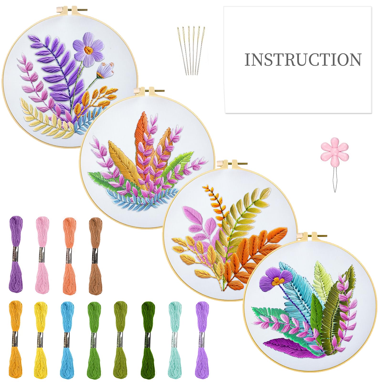 INFUNLY 4 Sets DIY Embroidery Kit for Beginners 11.8"×11.8" Leaf and Flower Embroidery Hoop Kits Color Threads Flowers and Plants Cross Stitch Kits Needlepoint Kits with Instructions for Starter