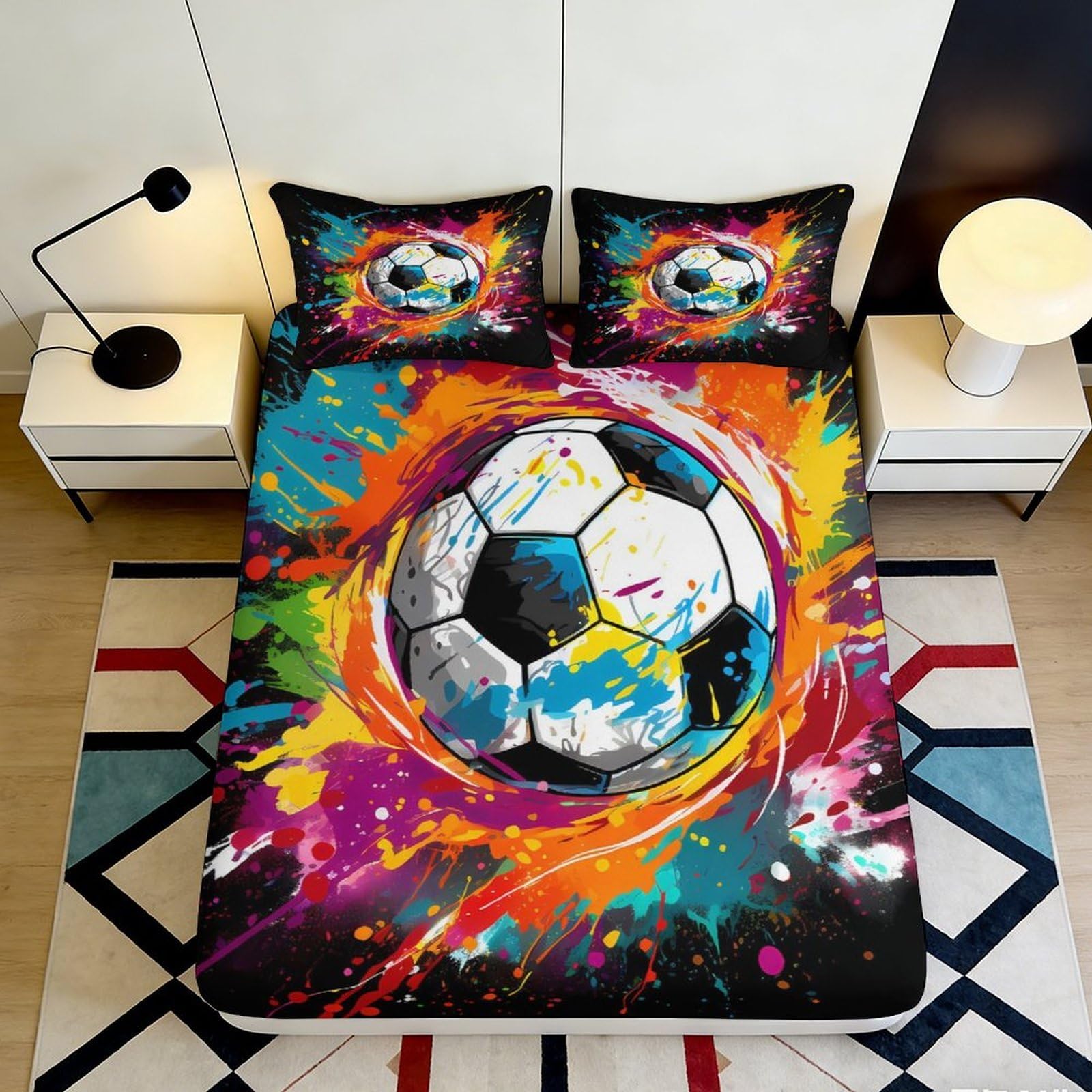 3D Printed Color Splash Soccer Ball Fitted Sheet Microfiber Soft Mattress Cover for Bedroom Dorm Decor Protection 120x200x25cm