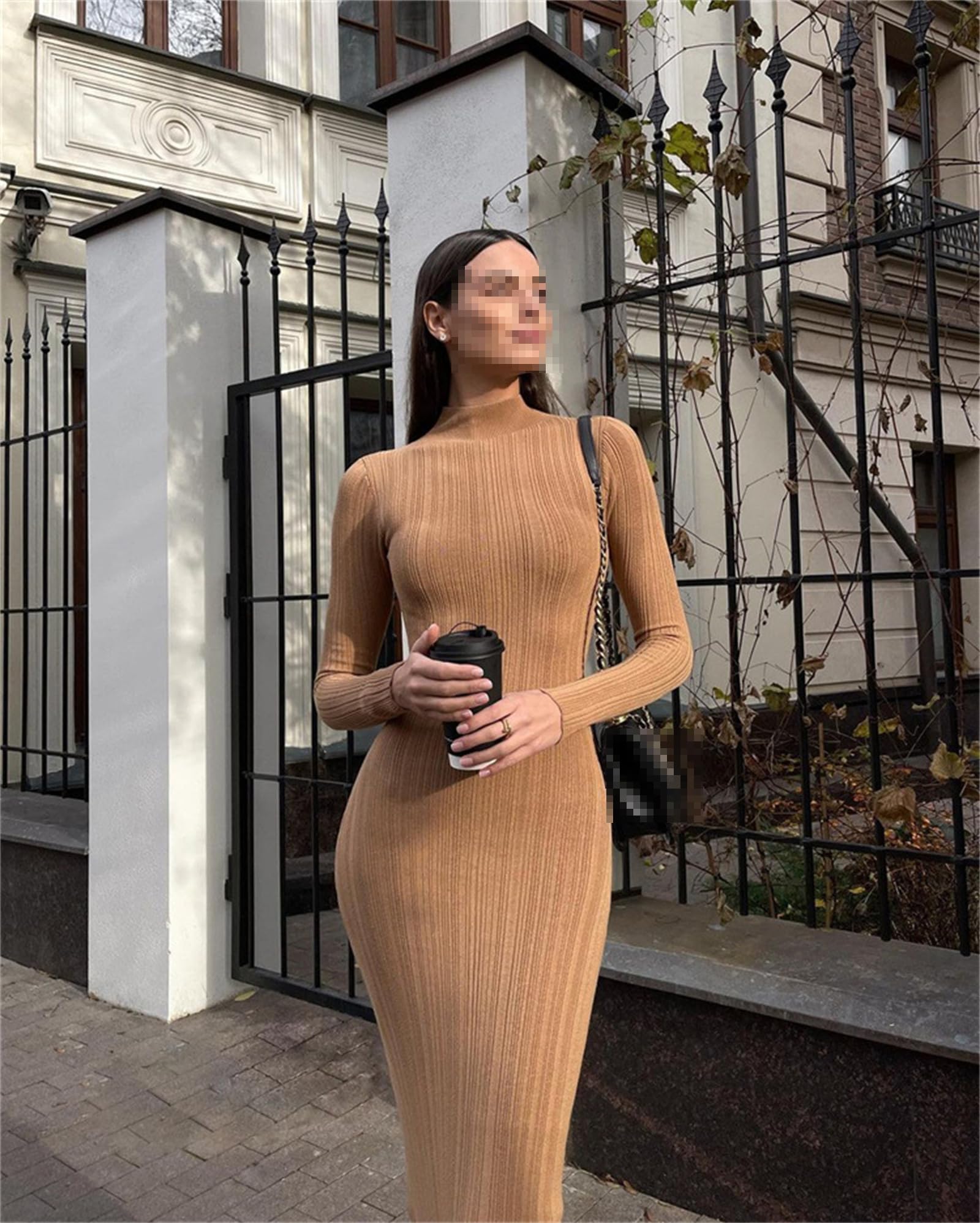 Vestito Donna Maglia Collo Alto Manica Lunga Elegante Autunno Inverno | Vestito donna in maglia a coste con collo alto, elegante e aderente, perfetto per lavoro e tempo libero