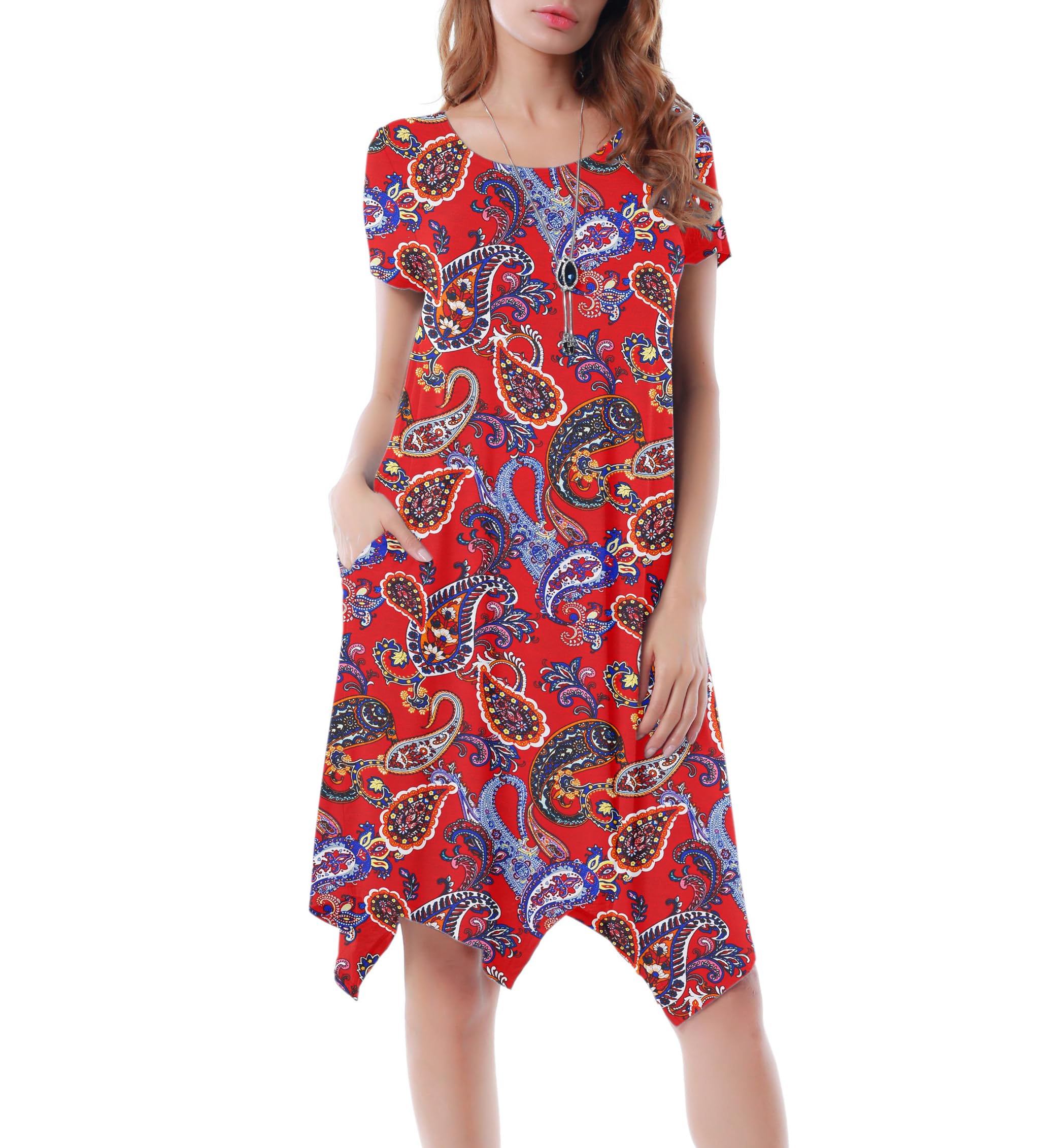 Women Casual Loose Soft Crewneck Short Sleeve Pockets Swing T-Shirt Dress