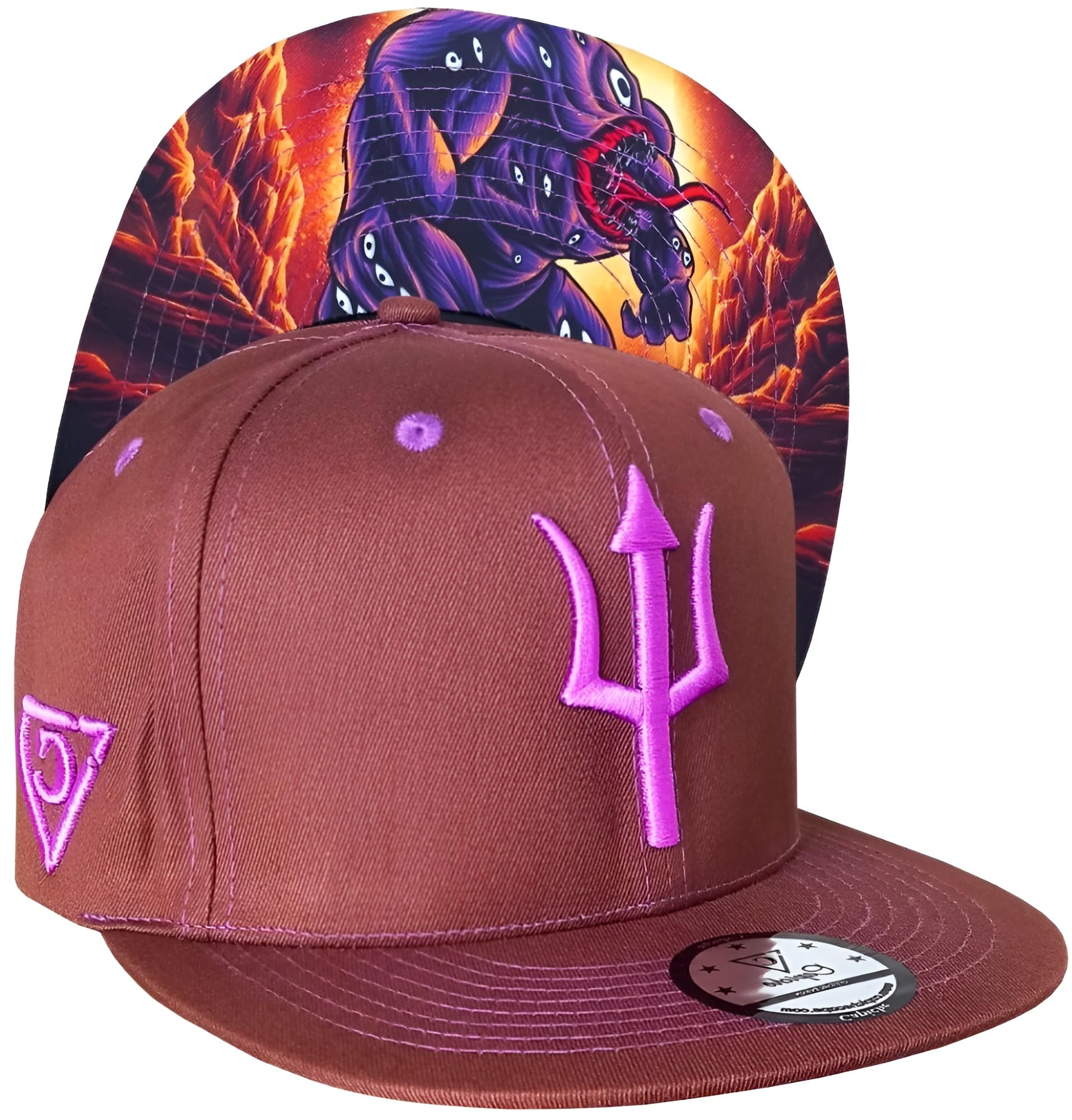 Capiche [99+ Variations] Argus Snapback Cap - Brown Hat with Purple Embroidered Trident Logo, Mythical Multi-Eyed Beast Undervisor Art, Adjustable for Greek Mythology and Streetwear Fans