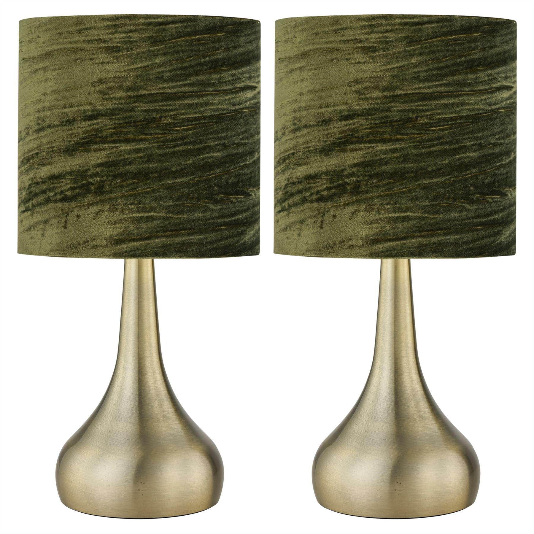 Firstchoicelighting Antique Brass & Dark Green Set Of 2 Antique Brass Touch Operated Table Lamps Or Bedside Lights, Modern Design, Height 36Cm, Green Crushed Velvet Shade, Led Compatible