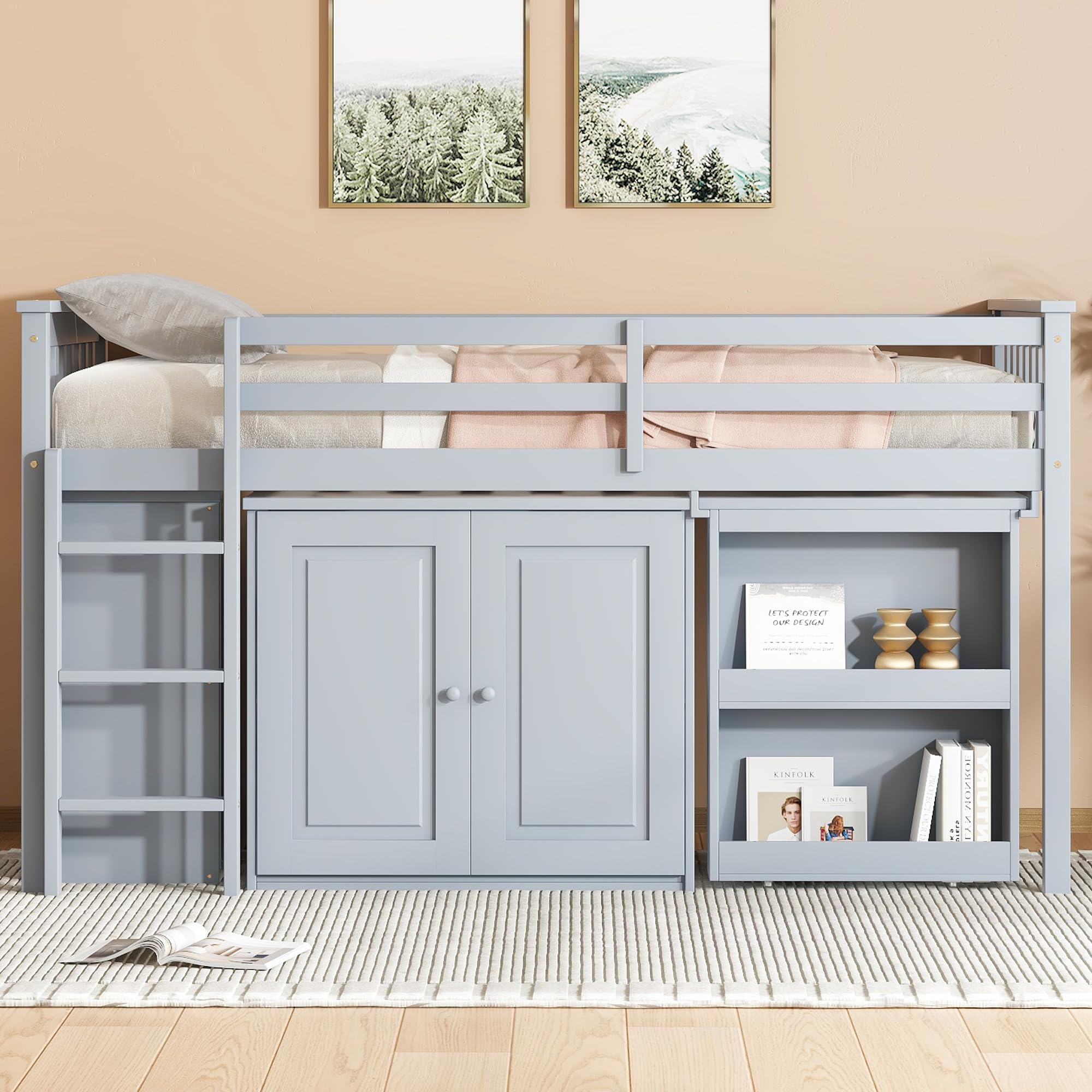 SOFTSEA Twin Low Loft Bed with Pulling-Out Desk and Storage Cabinet, Wood Twin Loft Bed with Drawers and Shelf, Grey