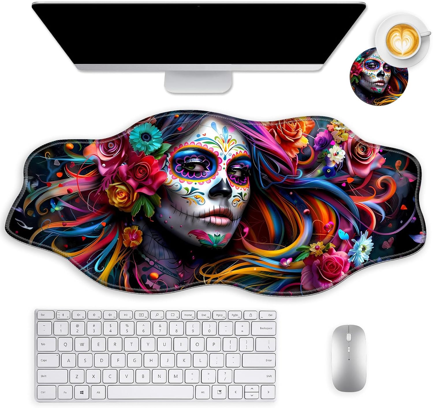 Ergonomic Wave Design Mouse Pad, Comfortable Non-Slip Gaming Mouse Pad, Large Desk Mat with Circular Coaster, Durable Waterproof Surface for Office, Home or Gaming (35.4x15.7 Inch, Sugar Skull Woman)