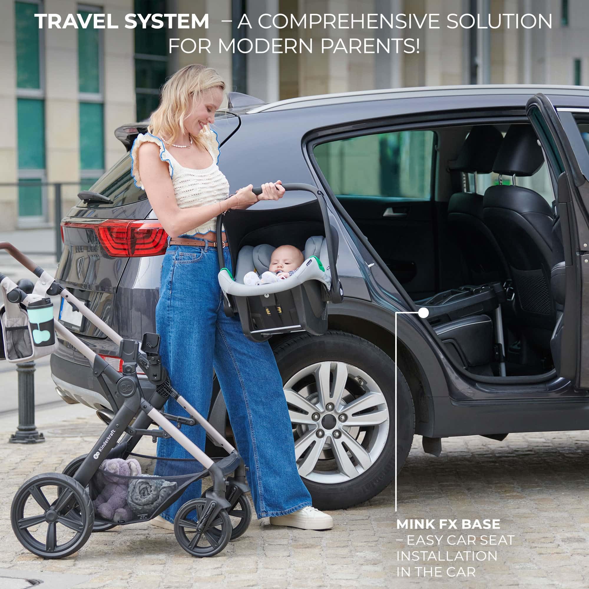 Kinderkraft MOOV 2 AIR, carrito 4 en 1 con capazo y silla de paseo 2 en 1, ruedas hinchables todoterreno, Travel System con MINK PRO i-Size, hasta 22 kg, Beige