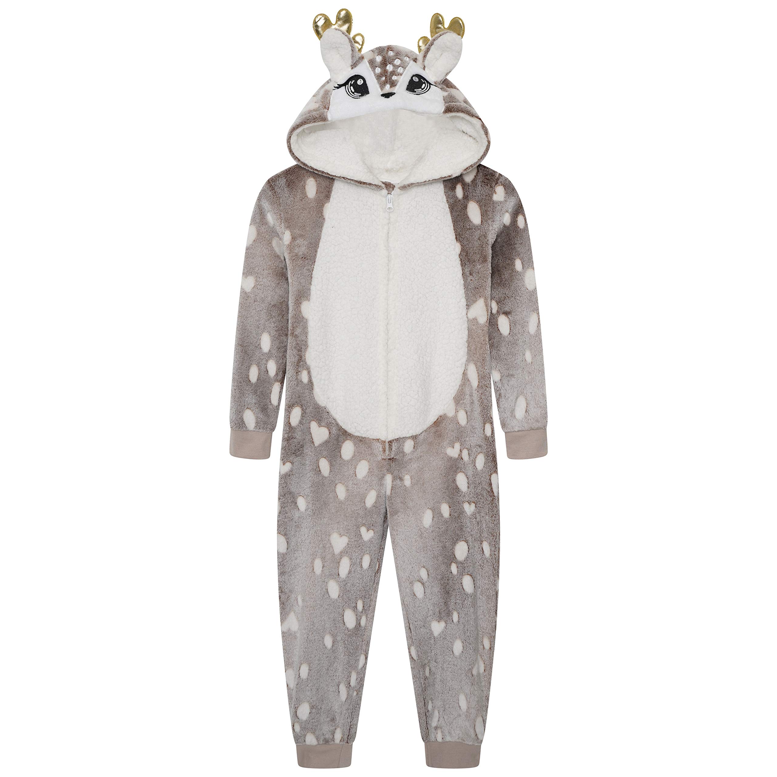 Loungeable BoutiqueHeat Treats Girls Reindeer Novelty Hood Luxury Flannel Fleece All in One