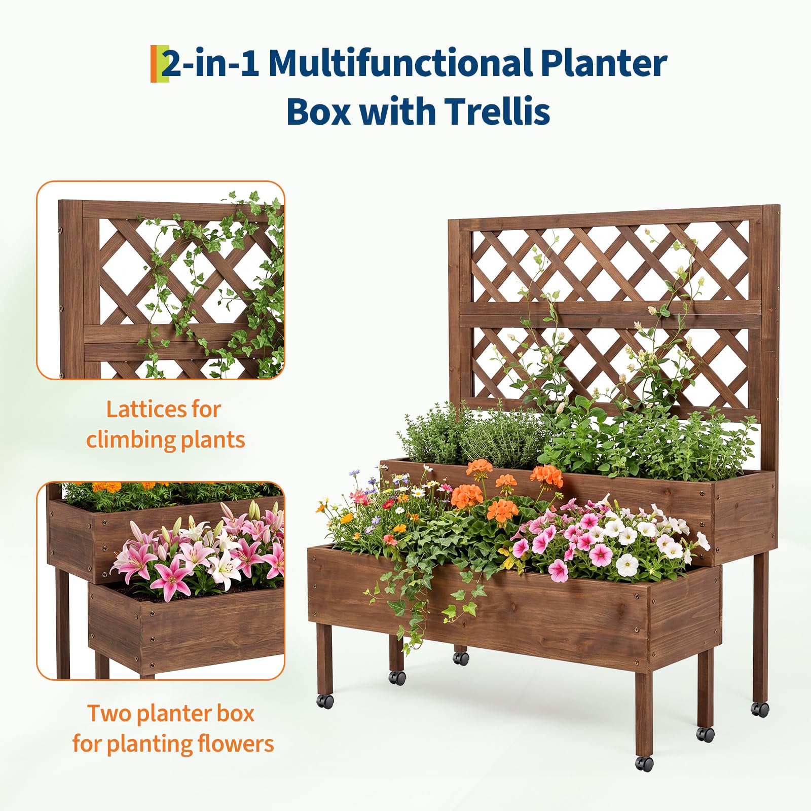 Garvee - Jardinera elevada de 2 niveles con celosía – Bandeja para plantas vertical de madera sobre pies, ruedas y agujeros de drenaje, perfecta para crear una pantalla de intimidad en extensor