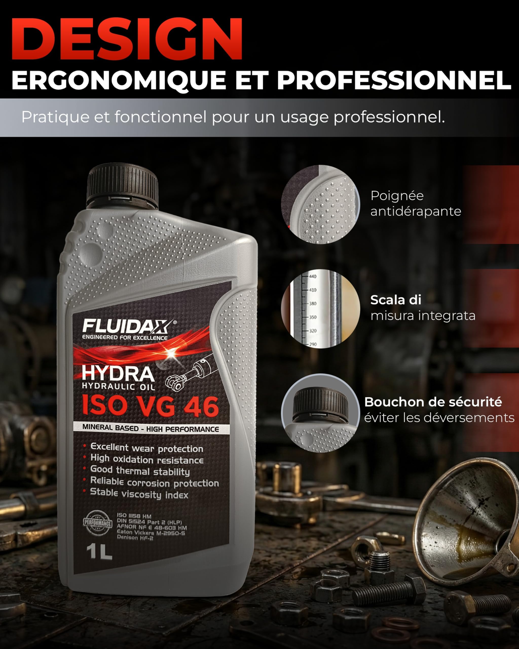 Huile Hydraulique ISO VG 32+46 HLP – Lubrifiant Hydraulique Industriel Antiusure pour Systèmes Hydrauliques, Chariots Élévateurs et Machines Industrielles – DIN 51524 HM – 1 Litre