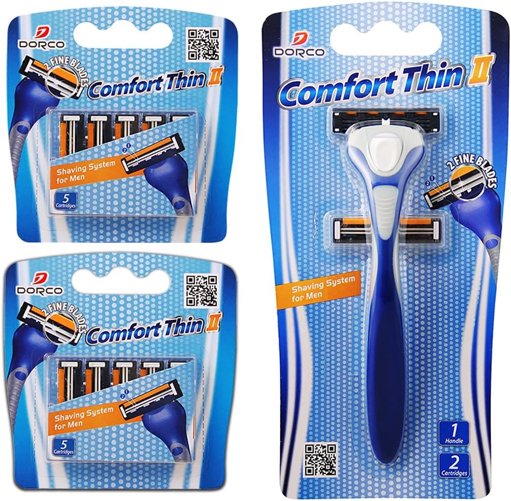 Dorco Comfort Thin II- Two Blade Razor Blade Shaving System (12 Pack + 1 Handle)