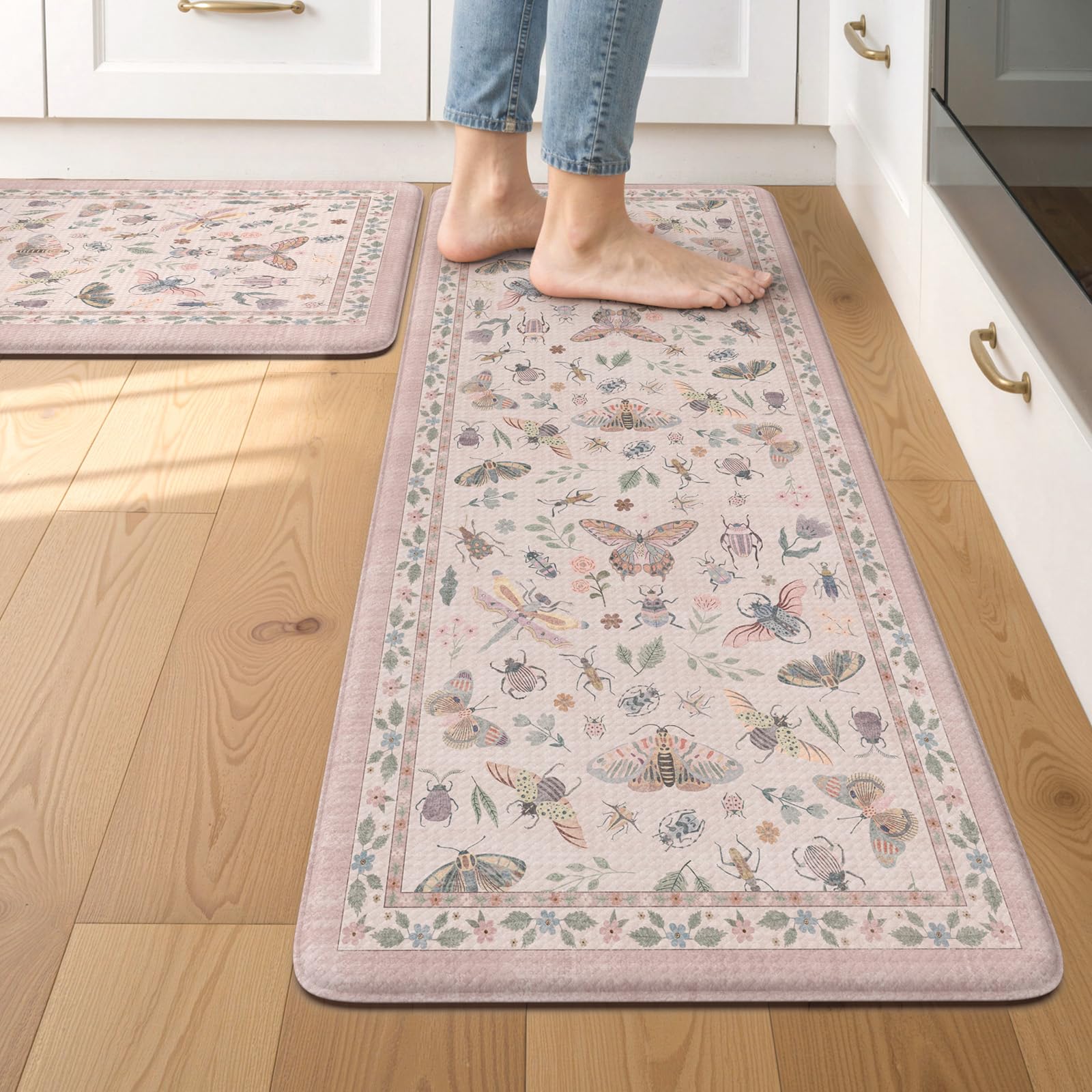 LEEVAN Anti Fatigue Mats for Kitchen Floor Non-Slip, Cushioned Kitchen Mats for Floor 2 Piece, Pink Memory Foam Kitchen Mat Set, Waterproof Ergonomic