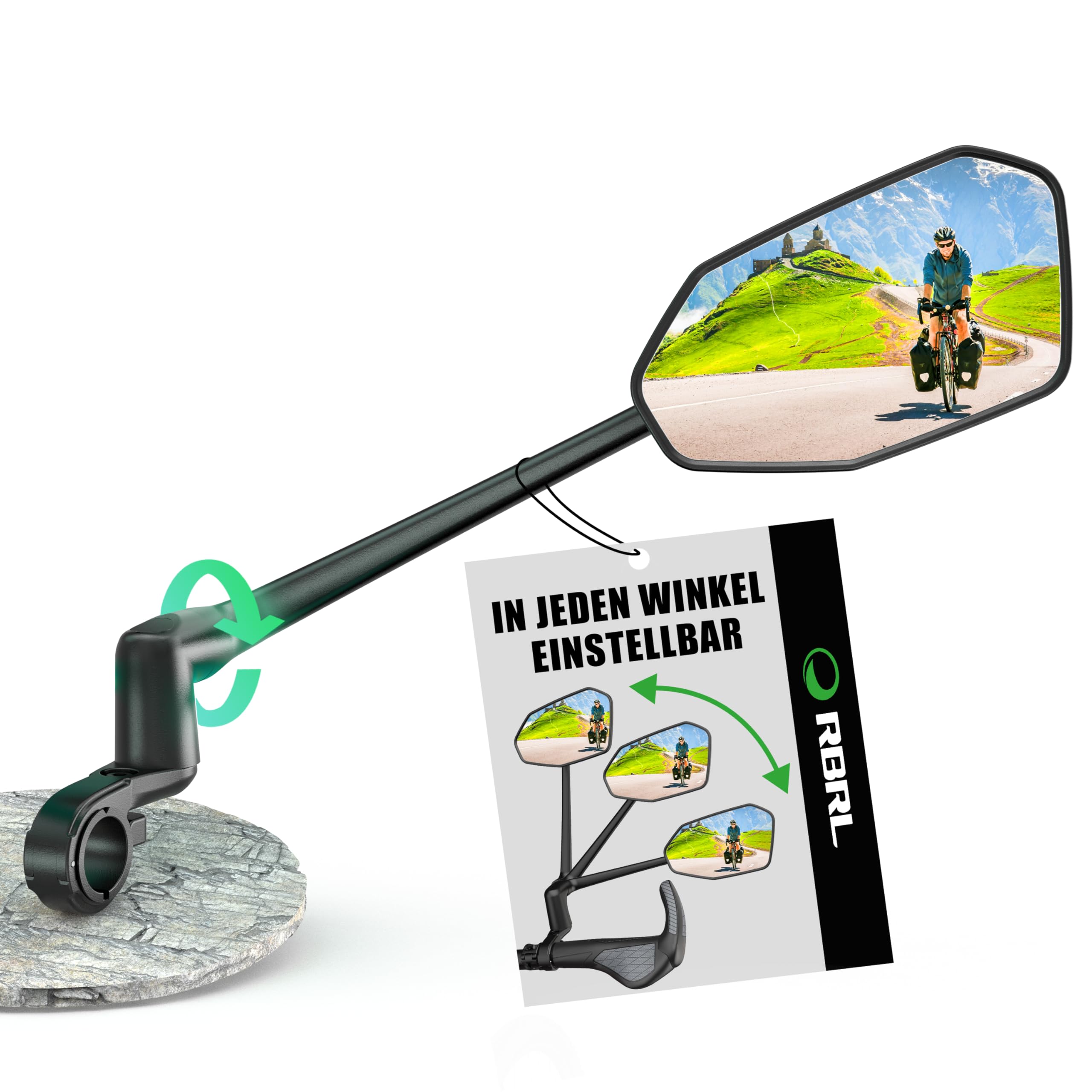 RBRL Fahrradspiegel für Lenker mit ProVision-Echtglas, Aluminiumlegierung Fahrrad Spiegel Arm, Bruchfest & Langlebig, 360° Drehbar & Klappbar Fahrrad Rückspiegel, E-Bike, Escooter (Rechts)