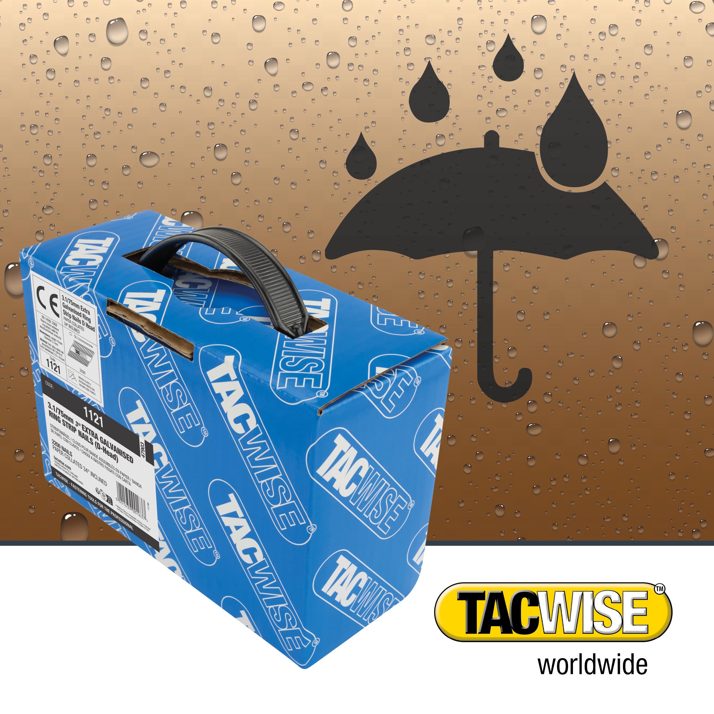 Tacwise 1121 Chiodi Inclinati a 34° 3,1 / 75 mm, Zincati Extra con Testa a ‘D’, Gambo Anellato, Fascicolati con Carta, Confezione da 2200