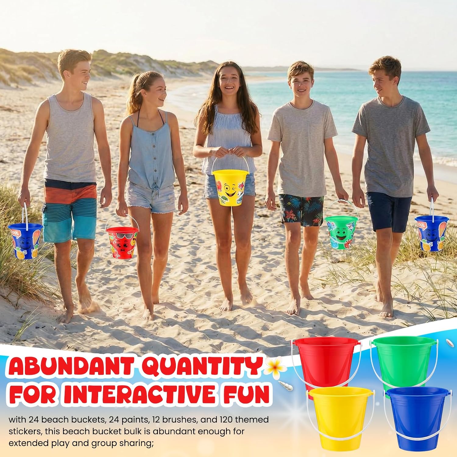 Skylety 24 Set DIY 5.5" Beach Bucket for Kids, Bulk Sand Bucket Colorful Plastic Beach Pails with Painting Brush Sticker, Make Your Own Small Pail Gift for Kids Summer Pool Party Sandbox Backyard