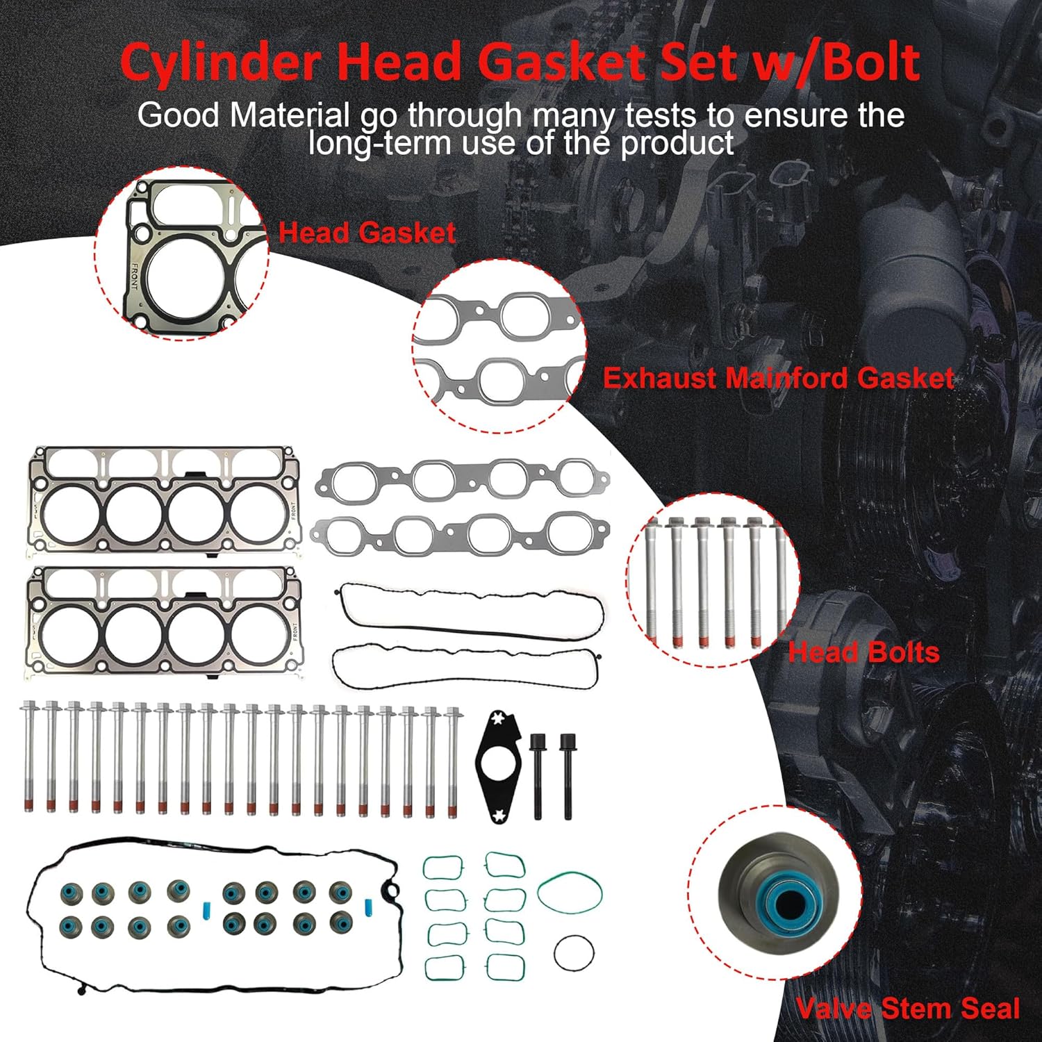 HS26744PT Cylinder Head Gasket Set w/Bolts Fit for GMC Sierra 1500 Yukon,for Chevy Silverado 1500 Tahoe Suburban 5.3L V8 Engine 2014-2020 HS54996 HGS4308 12622325 ES73121