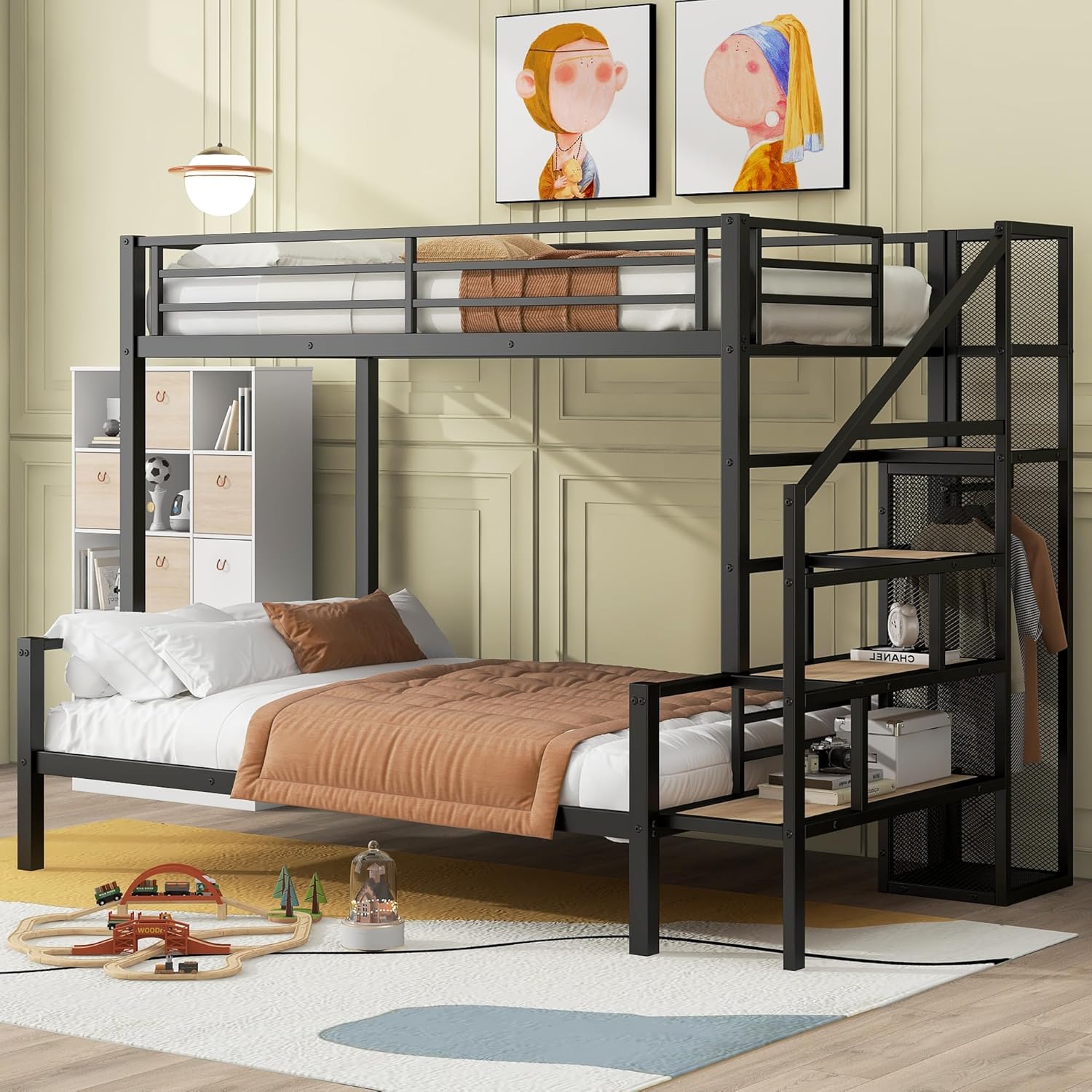 Twin Over Full Metal Bunk Bed with Open Wardrobe and Storage Staircase, Modern Bunk Bed Frame with Full-Length Guardrails for Kids Teens Girls Boys Adults Bedroom (Black-01)