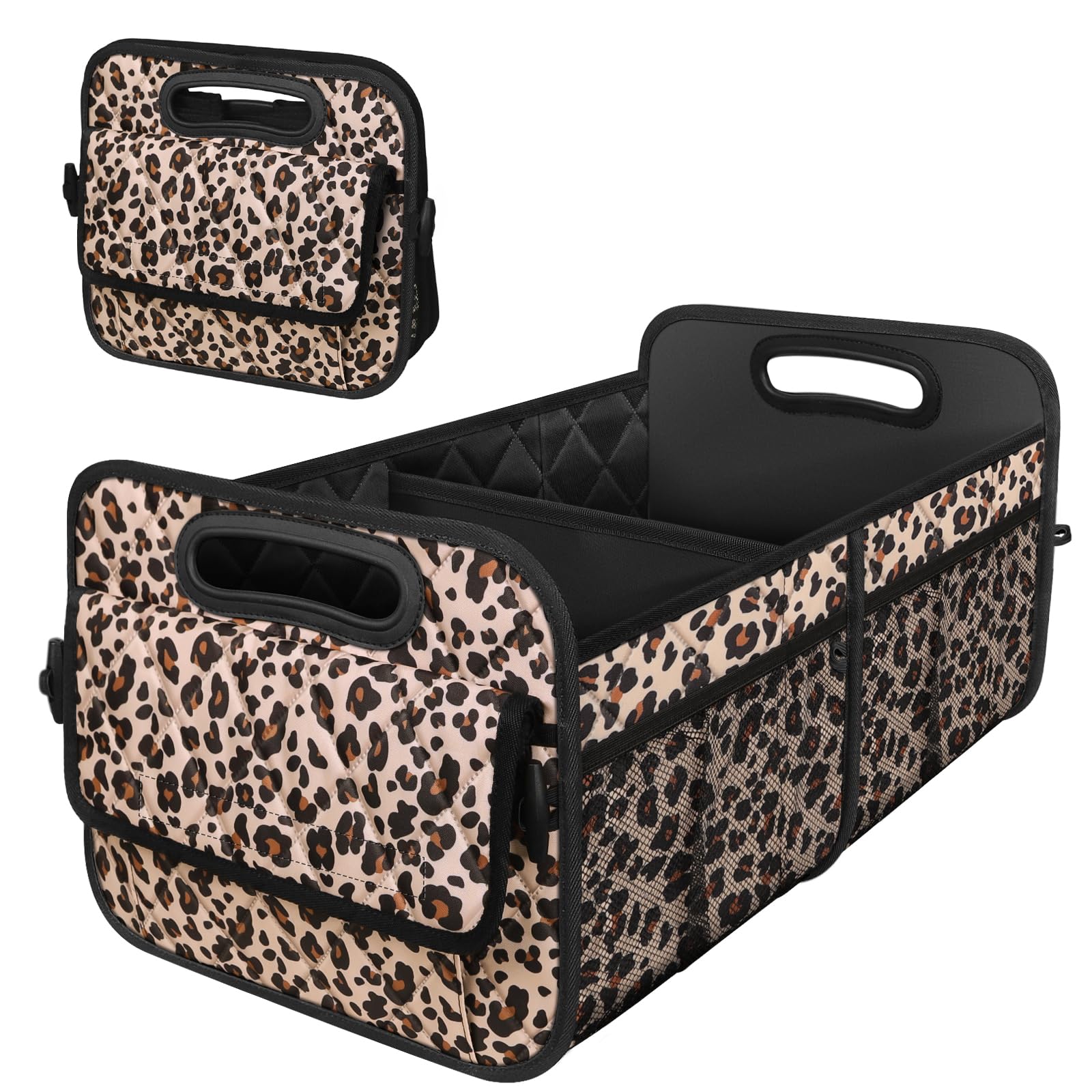 Car Trunk Organizer with 6 Big Pockets - 70L Waterproof Polyester Storage for SUVs, Minivans, Trucks - Car Accessory for Women and Men (Large, Leopard Print)