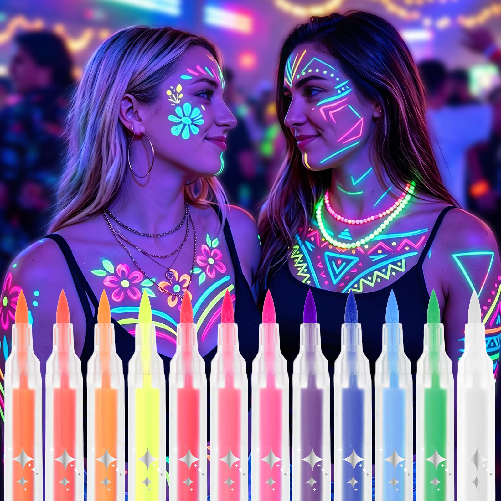 Paintaras dla dzieci, 12 kolorów UV Fluorescencyjny lakier do twarzy dzieci Hipoalergiczny, Błyszczący neon UV Farba do twarzy, Markery do ciała dla skóry palca na Halloween Karnawał