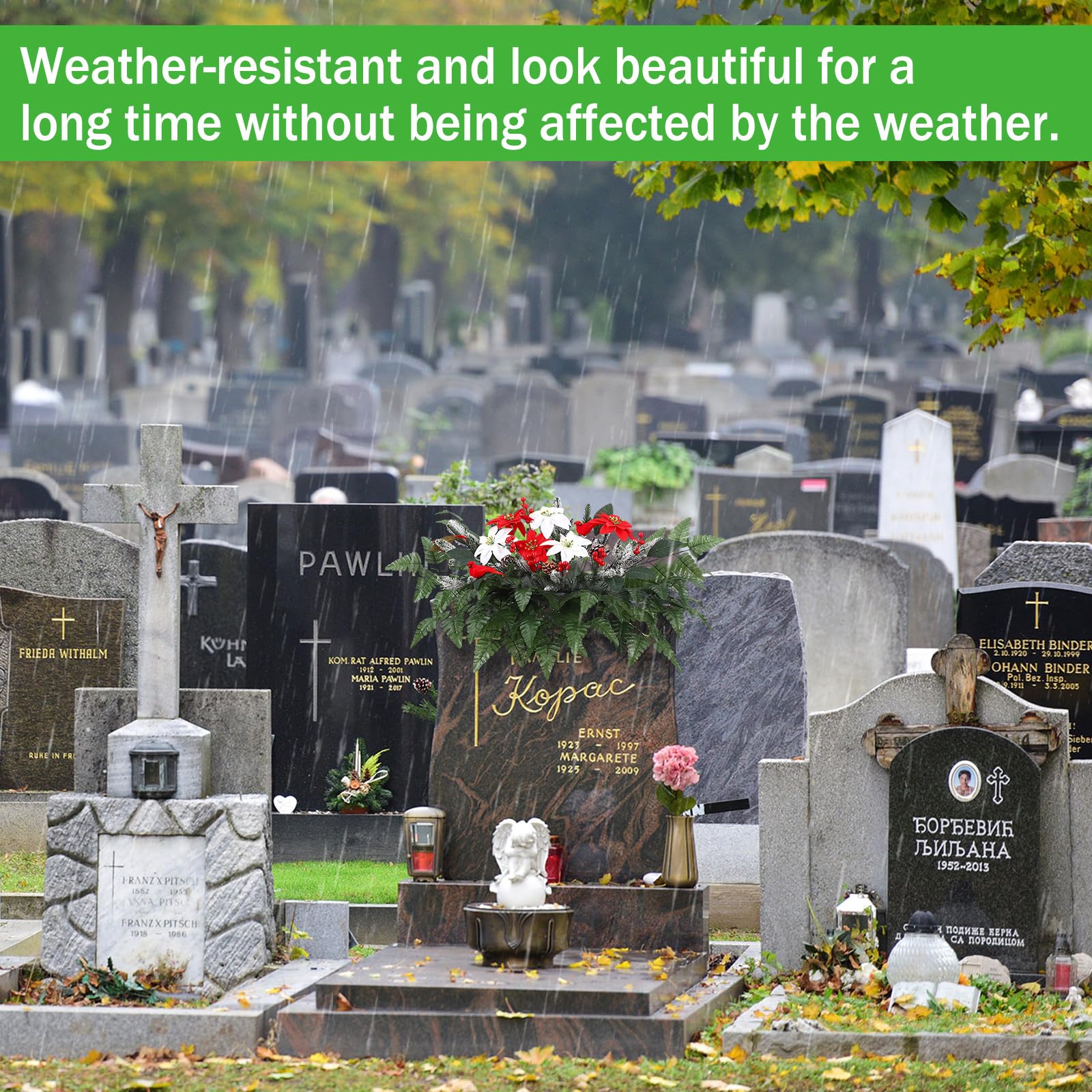 Thiccywoov 70 Stück künstliche Friedhofsblumen mit Draht-Grabstein-Sattel, Weihnachtssterne, Seidenleder-Blattfarnen, roter Vogel, Tannenzapfen, Beere, Tannennadel für den Außenbereich,