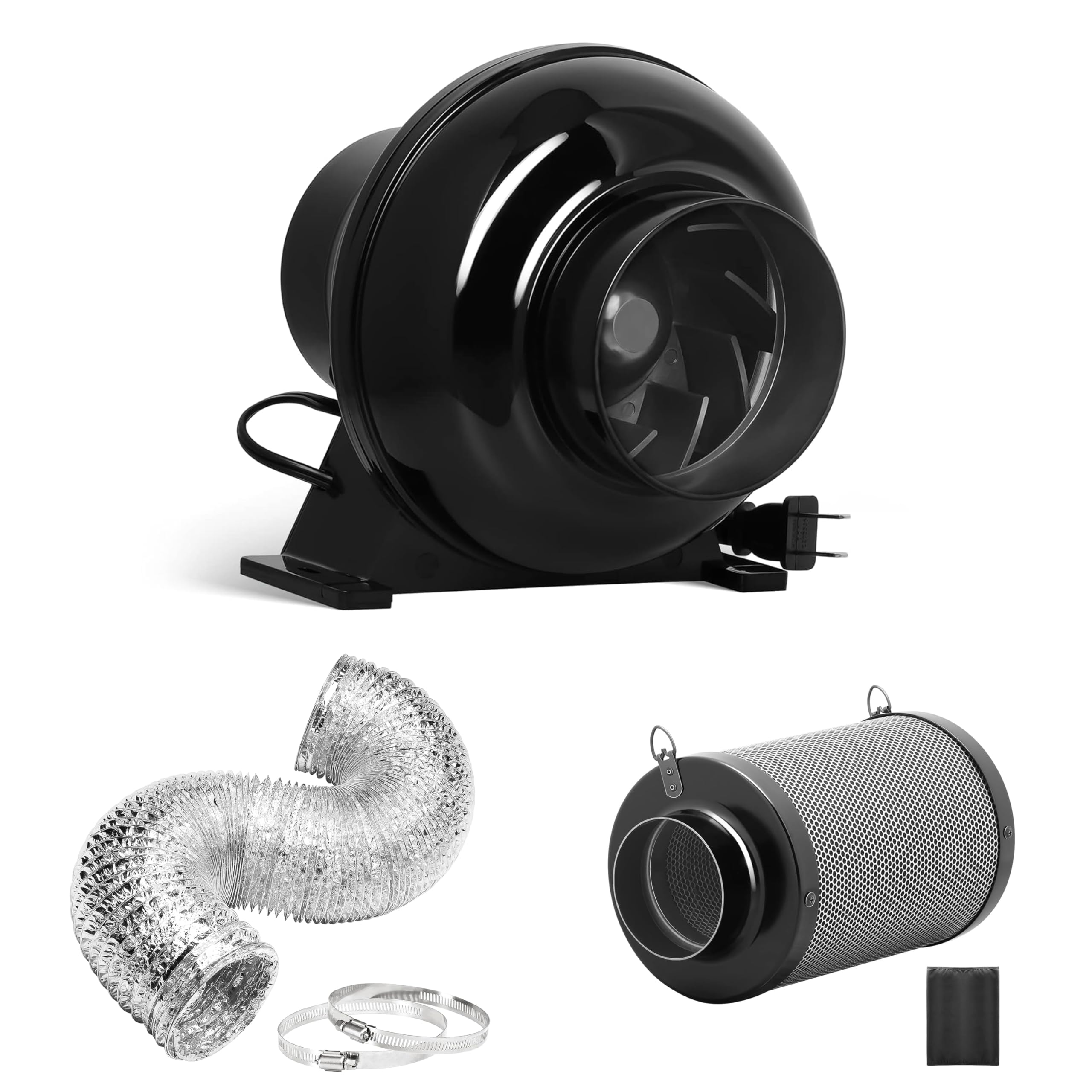 iPower 4 Inch 195 CFM Inline Fan Upgrade, Air Carbon Filter, 8 Feet Flexible Ducting and Rope Hanger, Ventilation Exhaust Blower Kits for Grow Tent, HVAC Heating Cooling