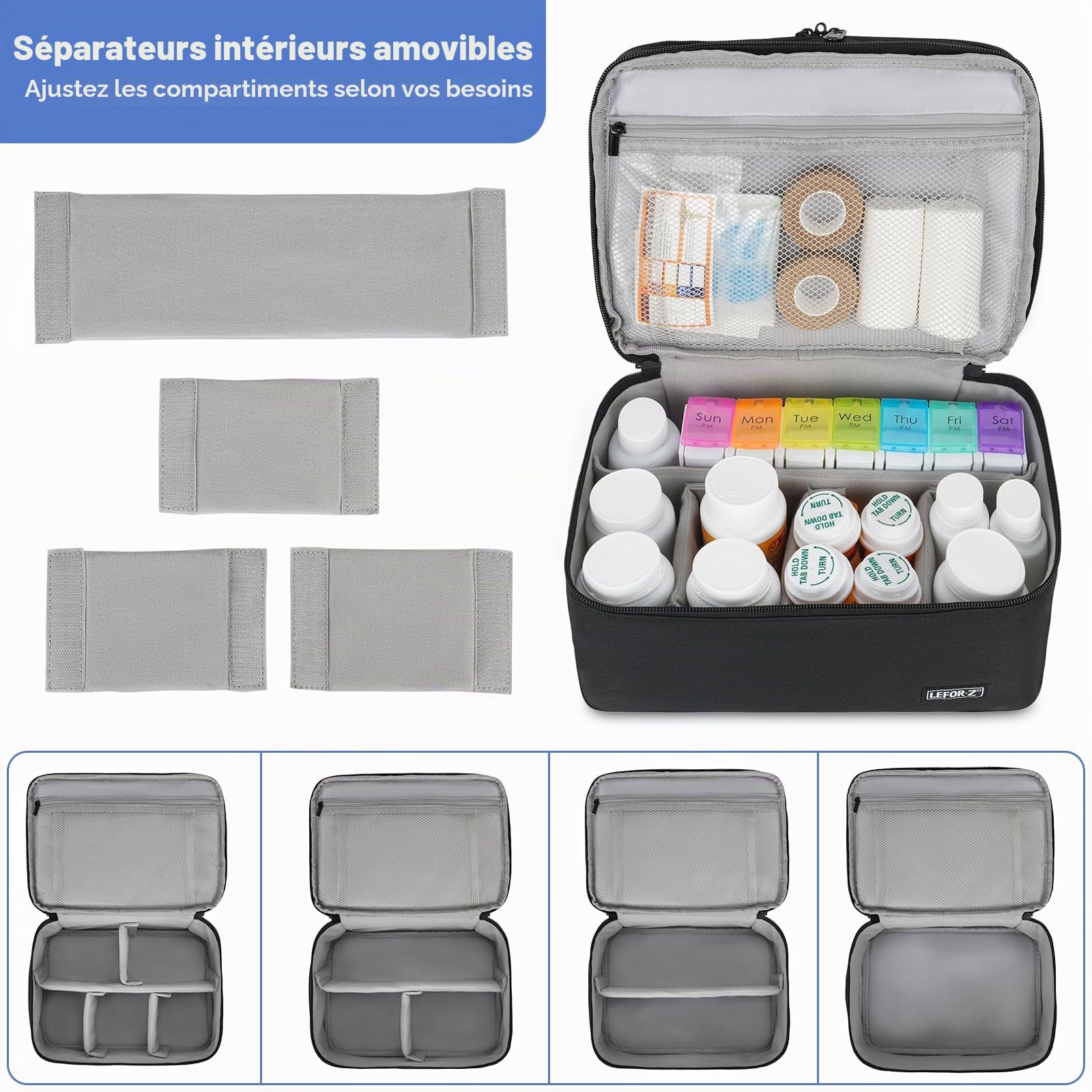 LEFOR·Z Boite a Medicaments Rangement,Double Couche,Sac de Rangement Vide avec Fermeture éclair Verrouillable et Séparateur Réglable,étui de Transport pour Médicaments,Pilules,Vitamines