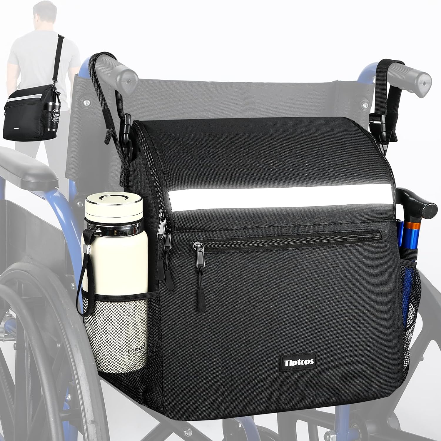 Tiptops Wheelchair Back Bag, Wheelchair Accessories Large Capacity Wheelchair Backpack with Laptop Storage Pocket, Crossbody Shoulder Bag, Wheel Chair Accessories Storage Bag
