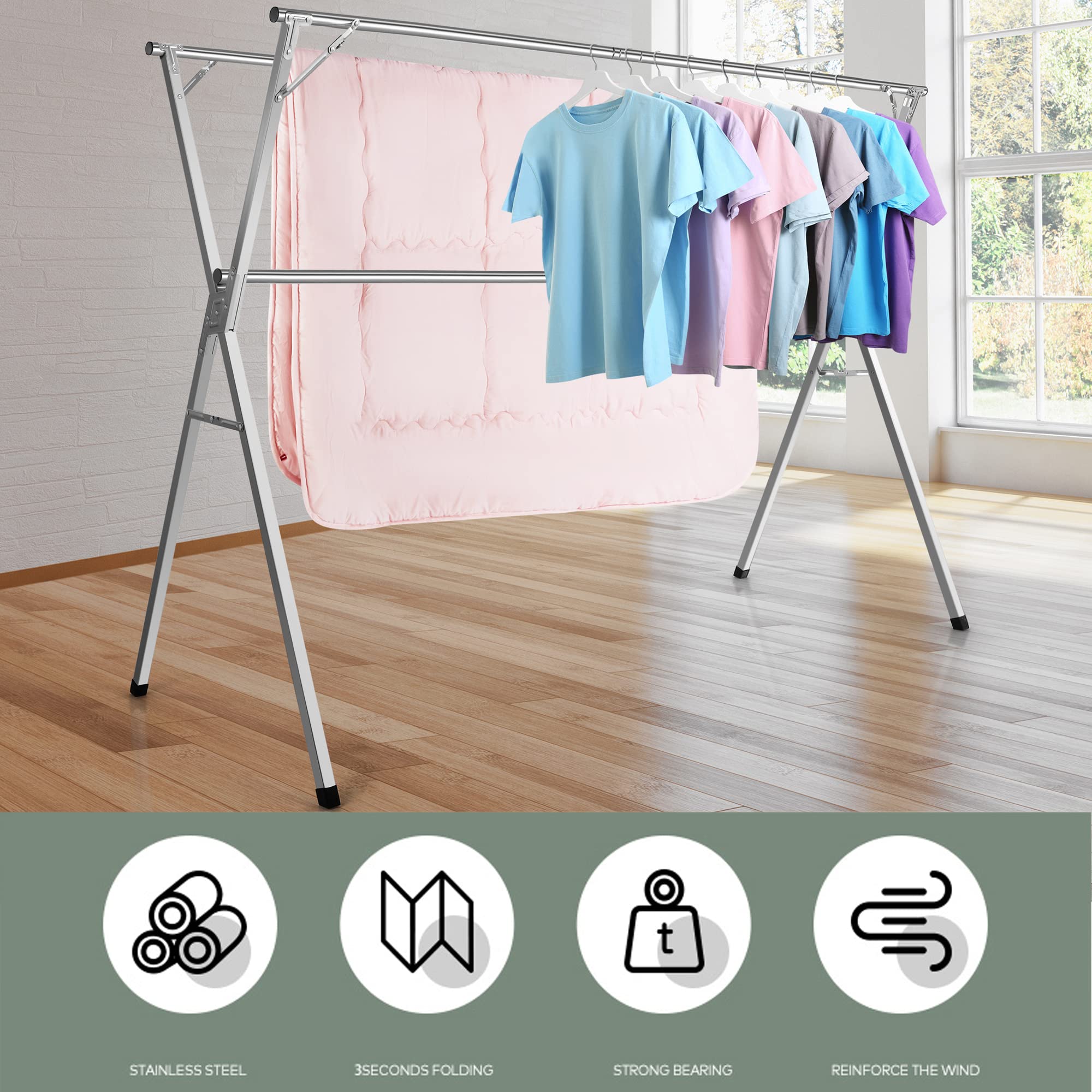 HYNAWIN Clothes Drying Racks, Upgraded Stainless Steel Laundry Drying Rack, Heavy Duty Collapsible Garment Rack, Clothes Storage Rack for Indoor Outdoor, 2M/79 in