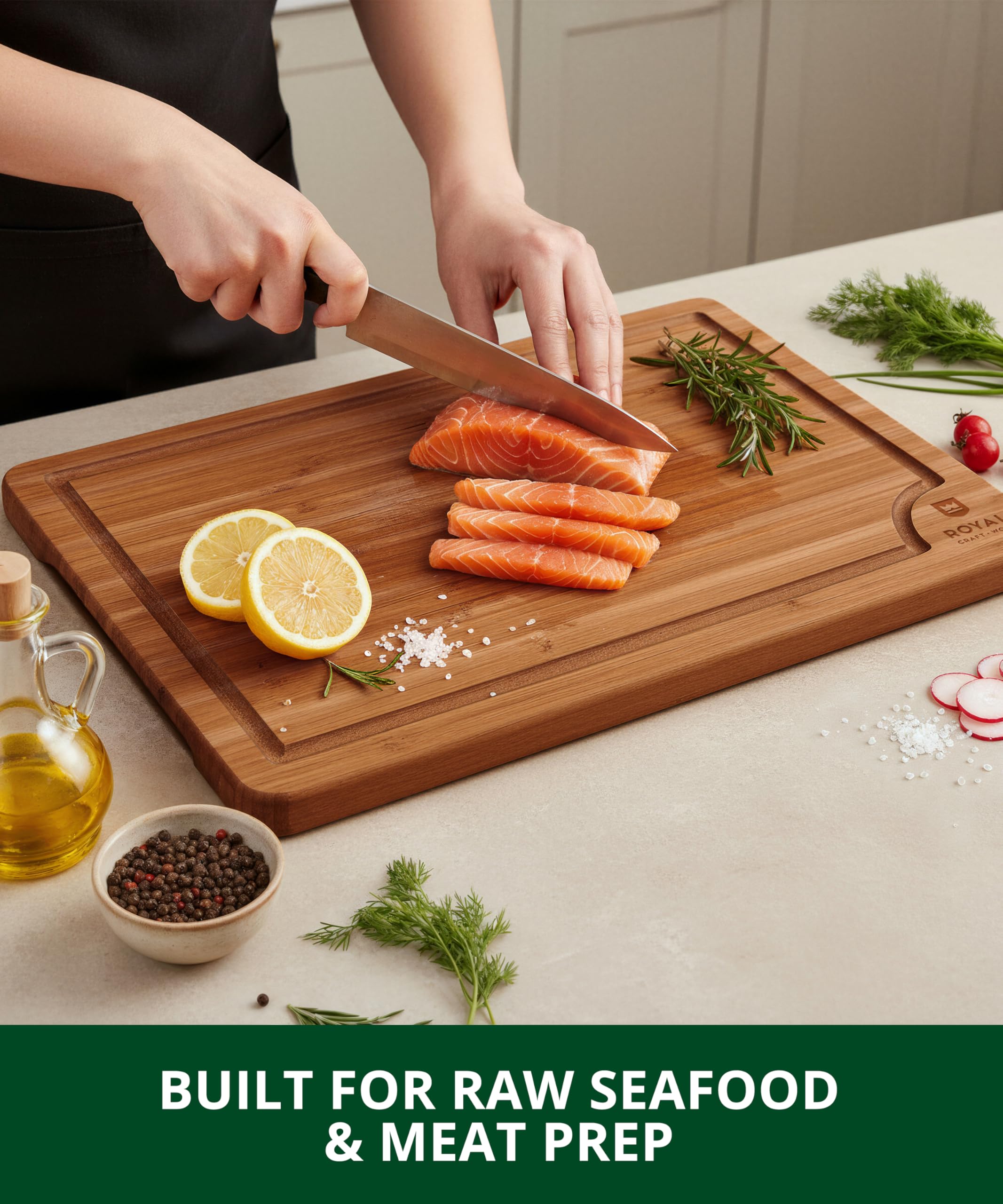 ROYAL CRAFT WOOD Wooden Cutting Boards for Kitchen Meal Prep & Serving - Bamboo Wood Serving Board Set with Deep Juice Groove Side Handles - Charcuterie & Chopping Butcher Block for Meat (3 Pcs)