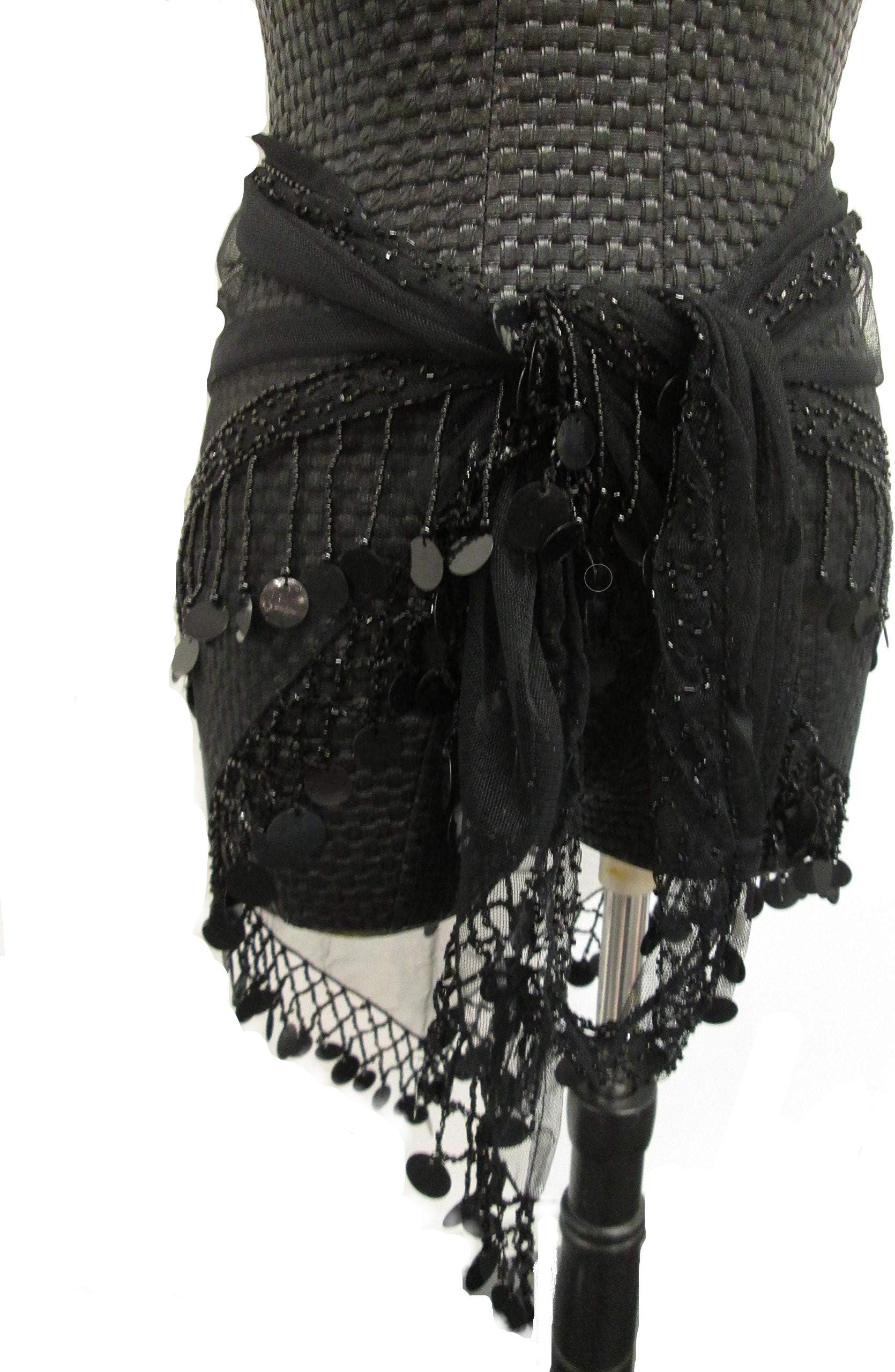 Handmade beaded triangle soft lace shawl hip scarf wrap with coin fringe - Black