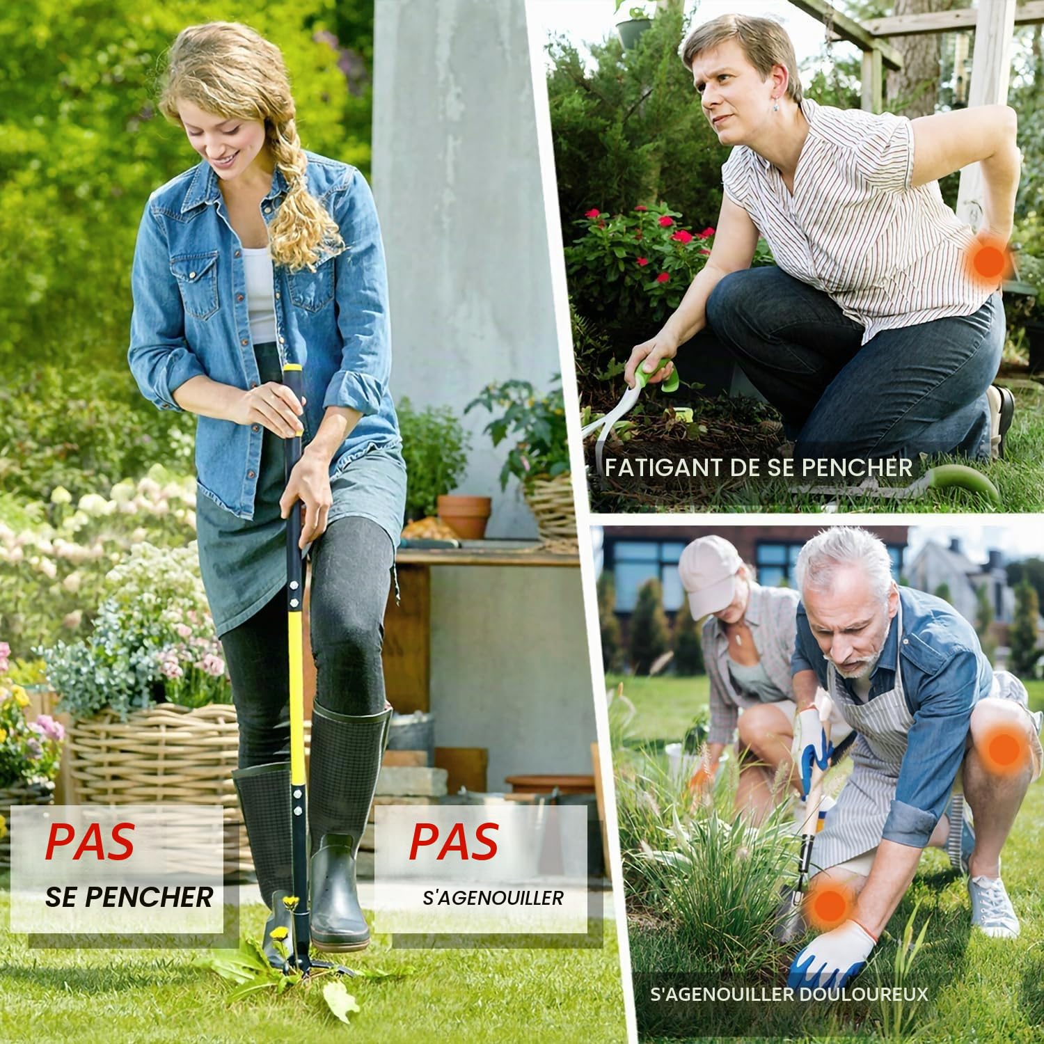 Jardineer Extracteur de mauvaises herbes, outil de désherbage debout de 114,3 cm, outil de désherbage à long manche avec tête en acier à 4 griffes, désherbeur manuel robuste pour jardin, pelouse, cour