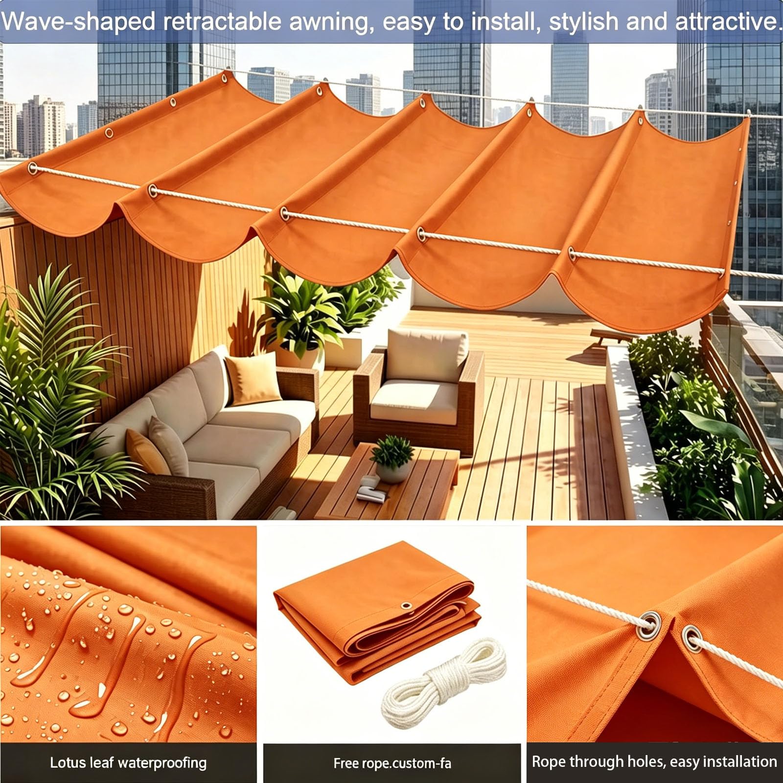 Einziehbare Welle Sonnensegel, Sonnensegel Einziehbar Welle, Verstellbar Schattenabdeckung Sonnenschutz Pergola, Maßanfertigung Möglich, für Garten Außenbereich-orange||100x700cm