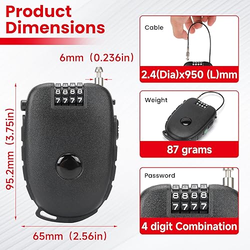 Miniatura 2 de Cerradura de combinación de 4 dígitos con cables de acero rápidamente retráctiles de 27.5 pulgadas, seguridad sin llave para bicicleta, casco,