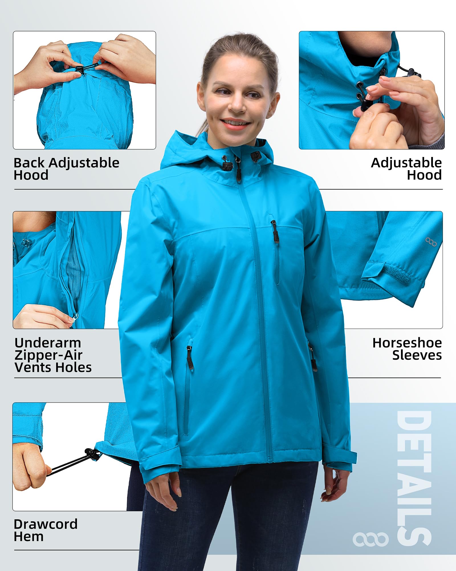33,000ft Chaqueta impermeable para mujer, impermeable ligero con abrigo transpirable plegable con capucha ideal para correr y caminar