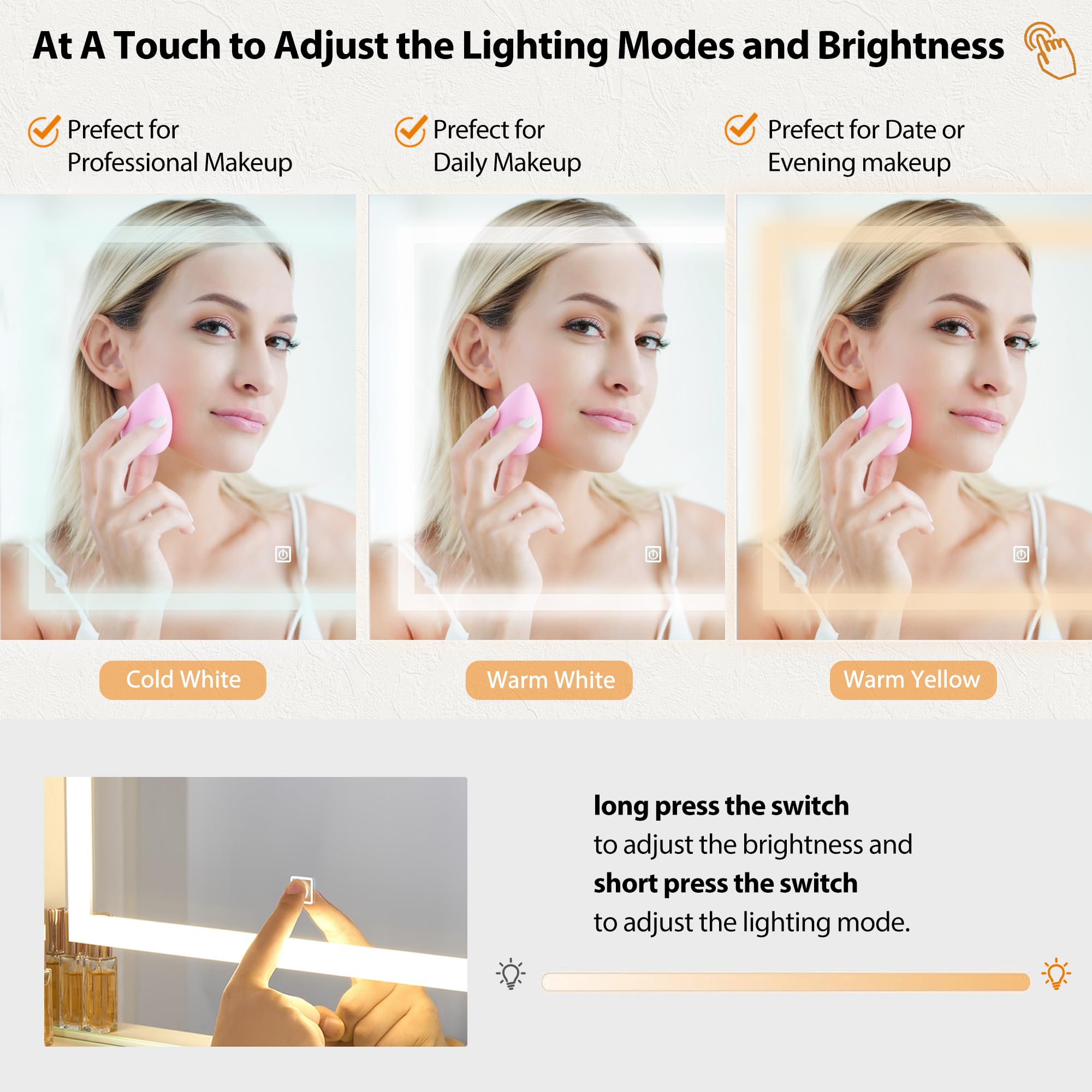 ANWBROAD Vanity Desk Table with Lighted Mirror 39.4“ Girls Makeup Vanity with Power Outlet 3 Colors Lighting Adjustable Brightness Vanity Table for Bedroom Dressing Room White UBDT65W