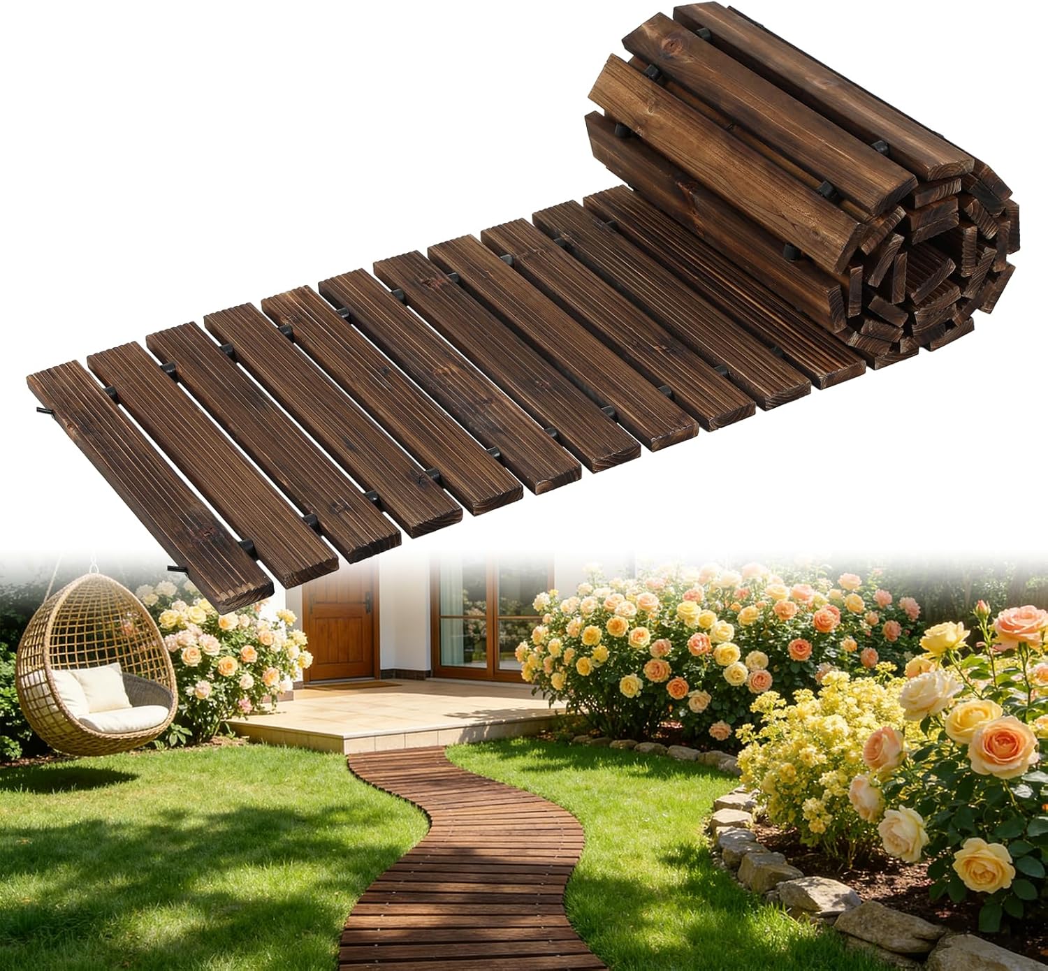 8ft Wooden Garden Pathway for Outside,Outdoor Roll Out Decorative Garden Walkway, Weather-Resistant Non-Slip Hardwood Walkway Pavers for Gardens, Backyard, Beach, Wedding Party Pathways