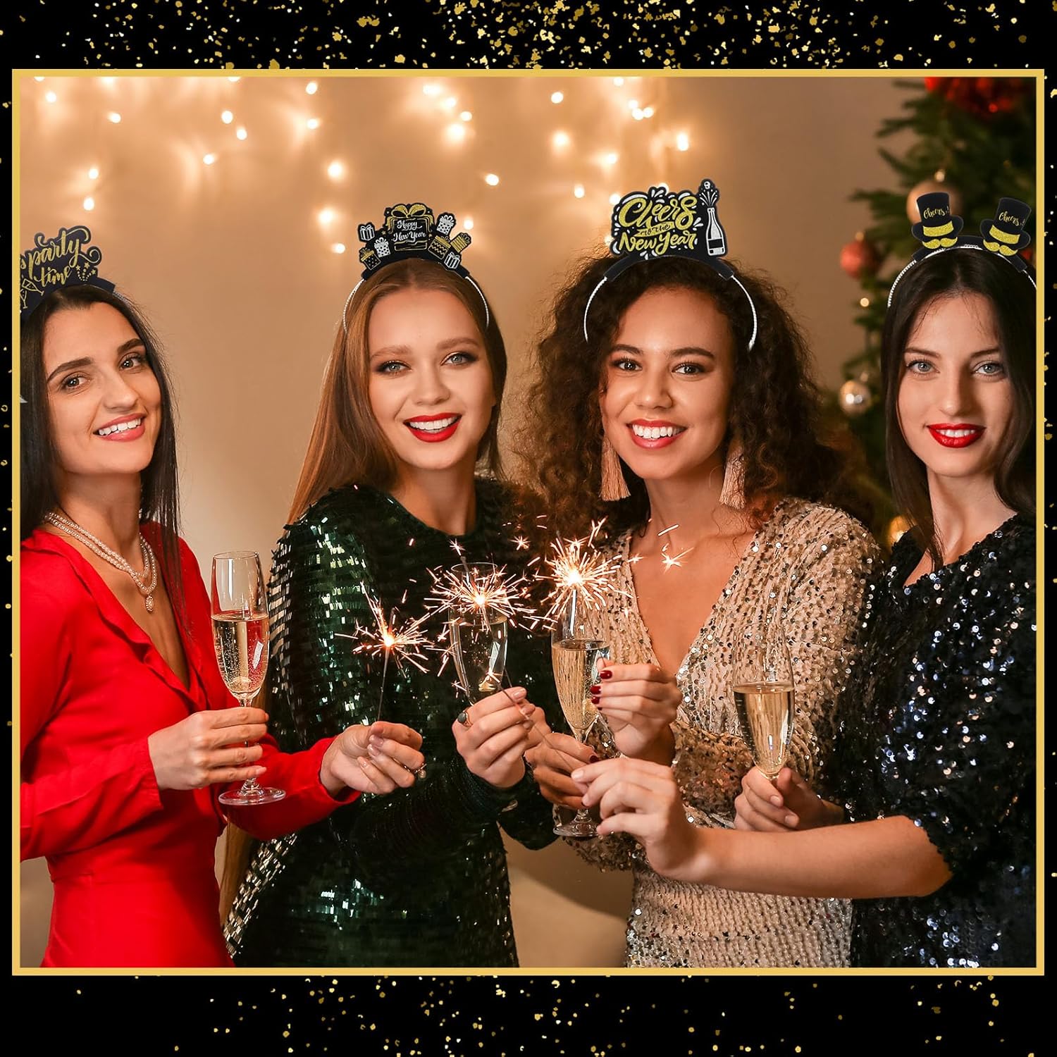 Daifunli 24 Pcs Happy New Year Headband 2026 New Year Eve Party Supplies Favor Bulk Gold Silver Black Booth Props Decoration