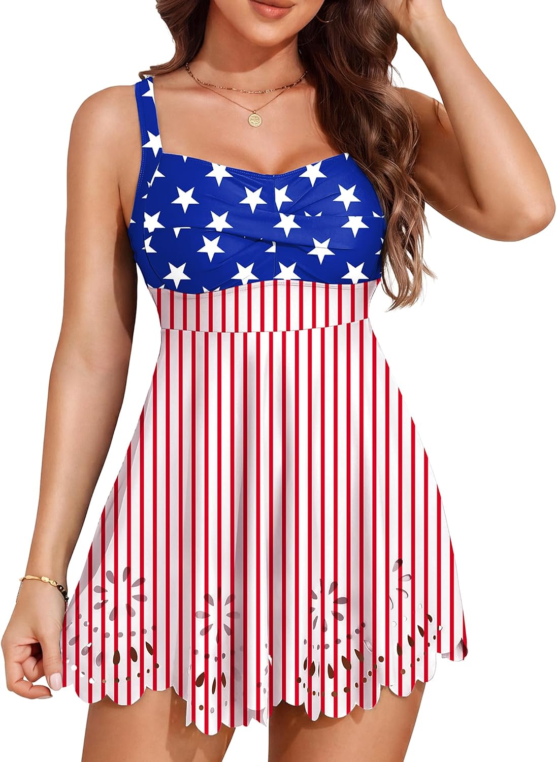 Arolina One Piece Swim Dress Tummy Control Square Neck Cutout Skirt Bathing Suit Adjustable Straps Swimsuit with Boyshort