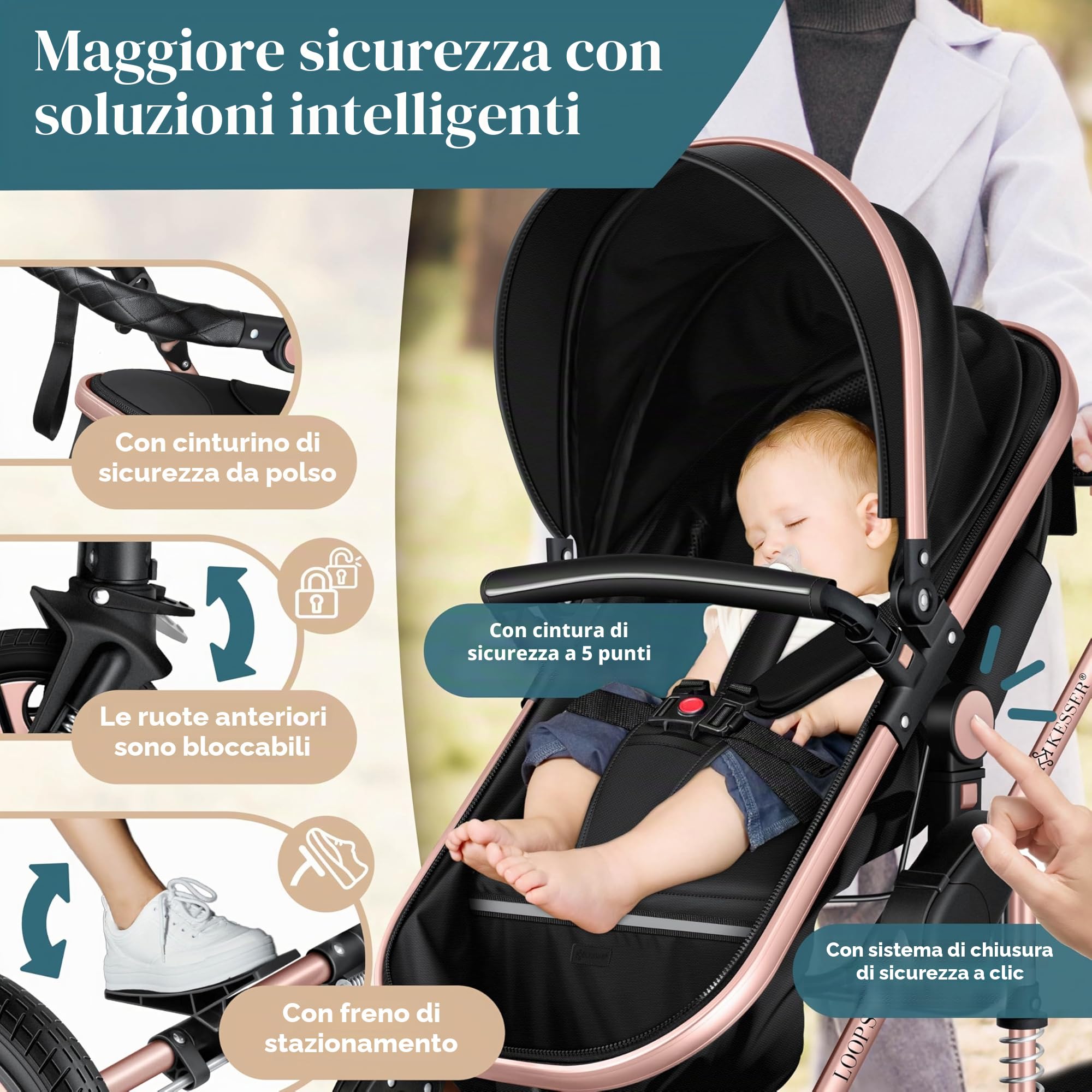 KESSER Carrozzina 3in1 Loops, Combinata con navicella, Seggiolino auto, Nero/Oro Rosato