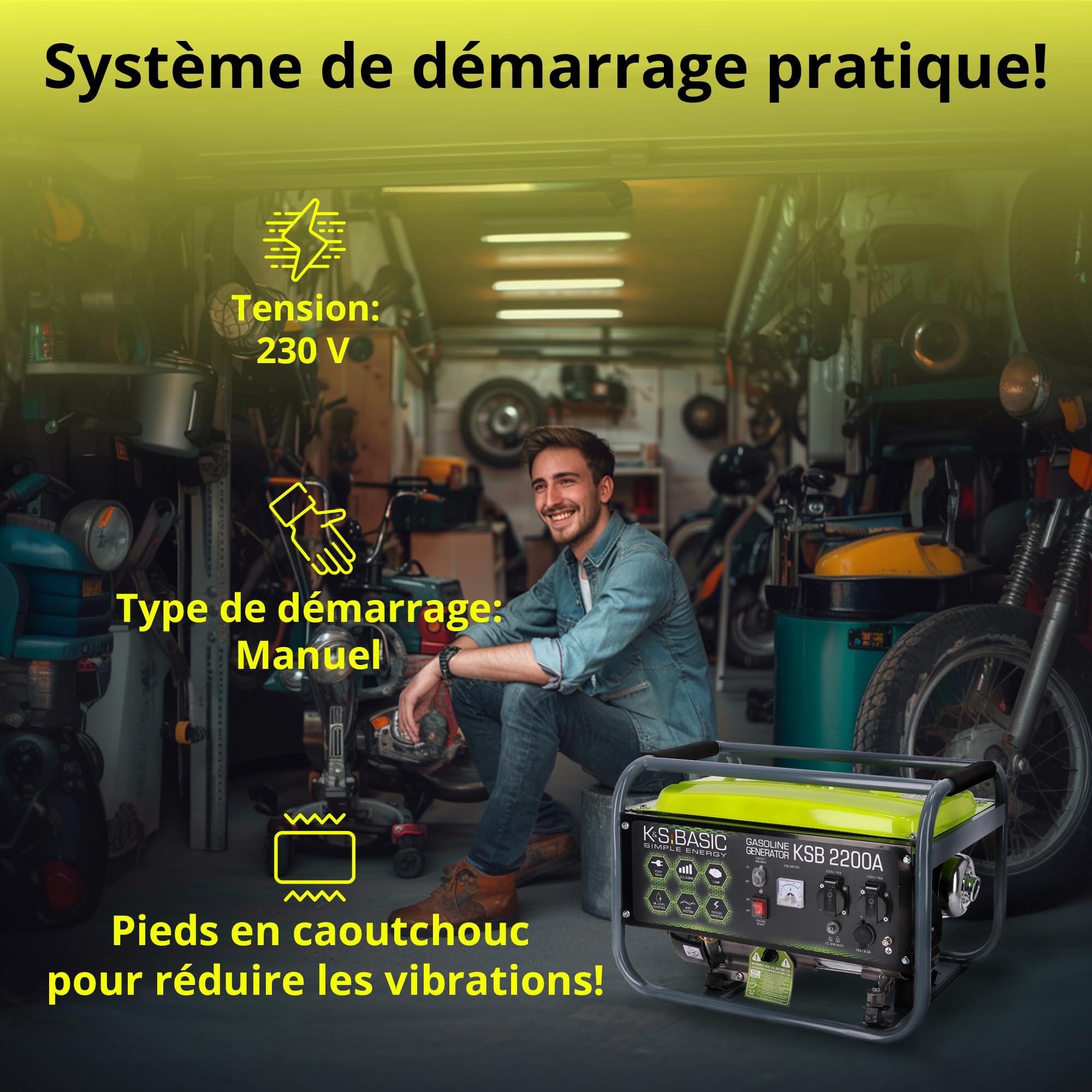 Groupe électrogène à essence KSB 2200A, puissance maximale 2200W, démarrage manuel, puissance moteur 5,5 CV, régulateur AVR, voltmètre, 2x16A (230V), sortie 12V, alternateur en aluminium