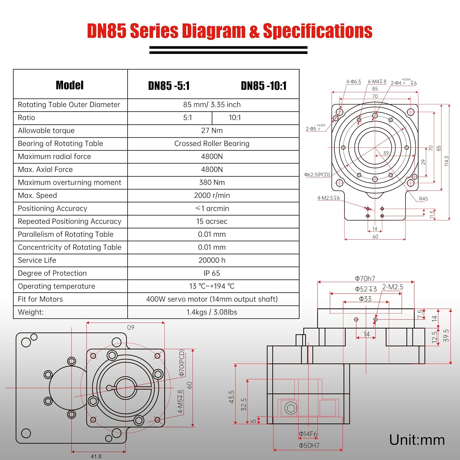 CNCTOPBAOS Hollow Rotary Actuator,High Accuracy Positioning Hollow Rotating Platform Reducer Ratio 10:1 for 60mm 400W AC Servo Motor Input Shaft 14mm,Direct Drive Motor,Cam Indexer