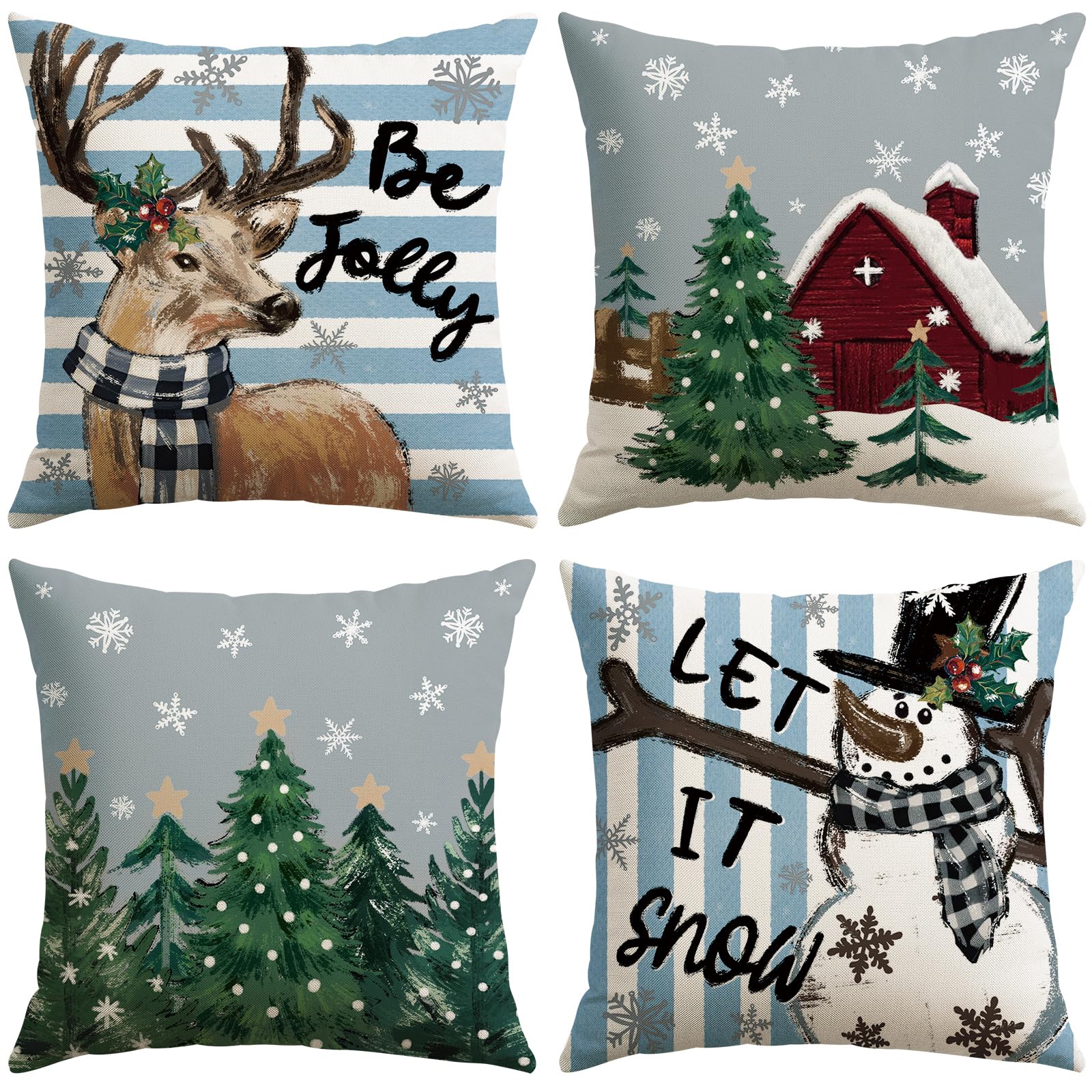 Artscope Set of 4 Gray Christmas Cushion Covers 50x50cm Winter Xmas Decorative Pillow Case Cover for Sofa Living Room Holiday Decor (Blue- Snowman and Elk)