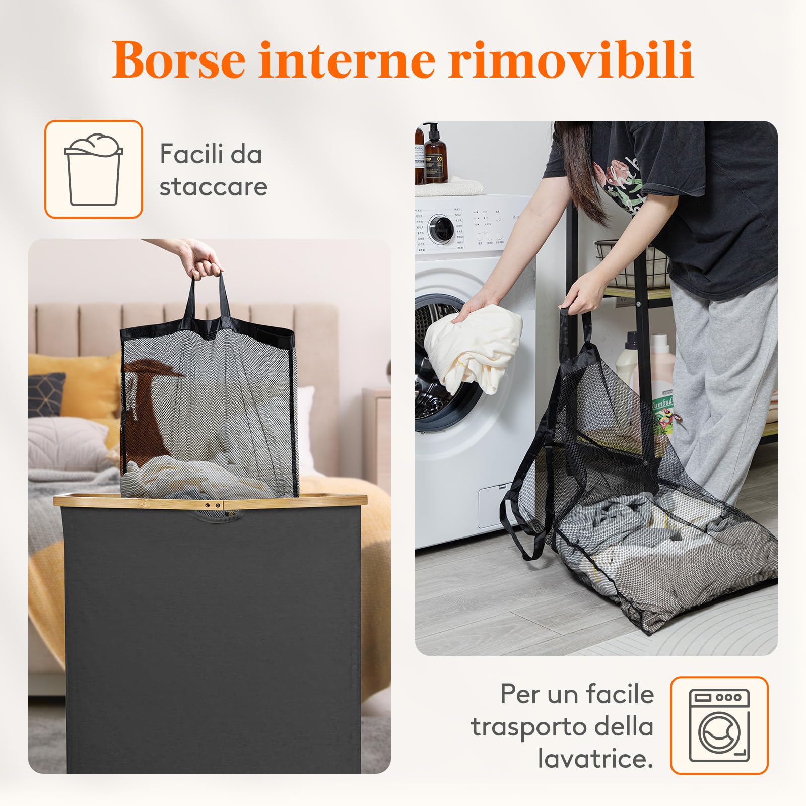 Lifewit 150L Cesto Portabiancheria 3 Scomparti, Cesta Biancheria Sporca con Manici Bambù, Cesto Panni Sporchi con 3 Sacco, Cesto Lavanderia, Porta Biancheria Sporca per Bagno, Grigio Scuro