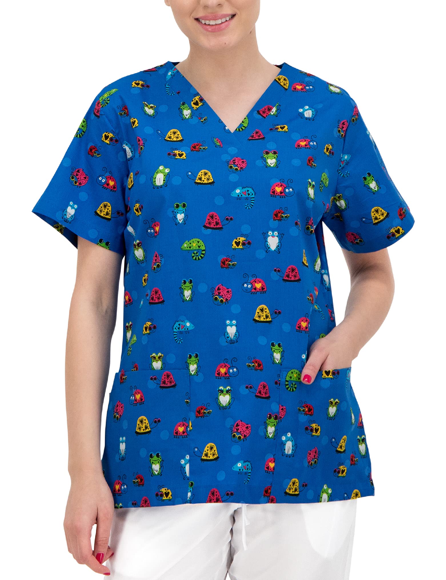 B-well Bambina Women's Slip-On Tunic, Short Sleeve, V-Neck Tunic, Women's Care Motif, Frogs, XXL